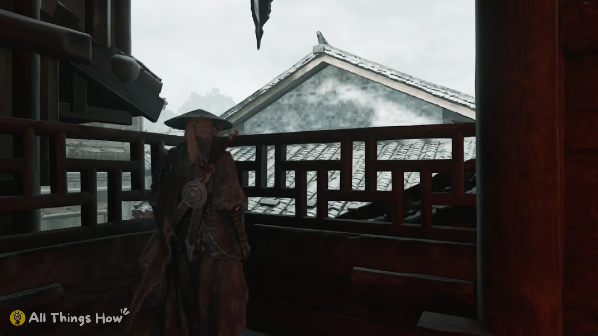 Soul at a balcony railing above tiled roofs, Phantom Blade Zero