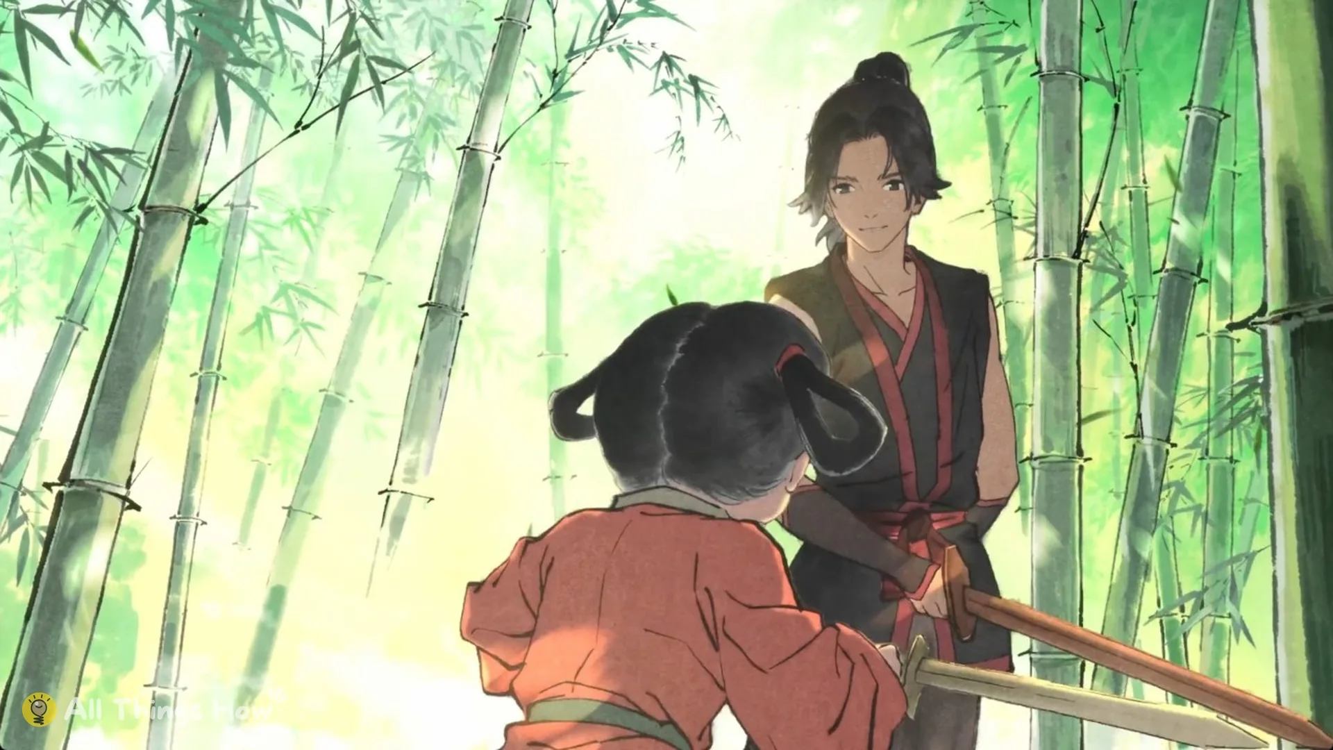 Young Soul and Mu Xiaokui in a bamboo grove in the hand-drawn memory, Phantom Blade Zero