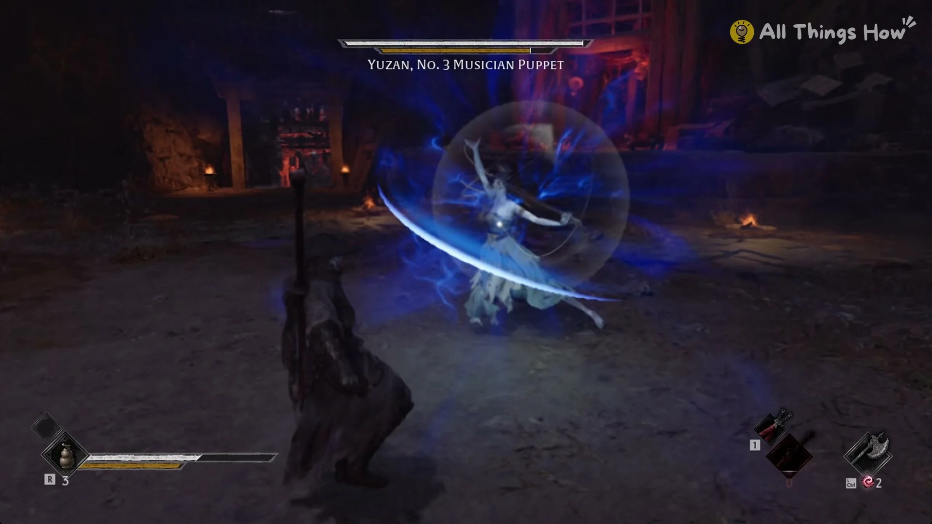 Yuzan flinging a blue crescent blade at Soul, Phantom Blade Zero