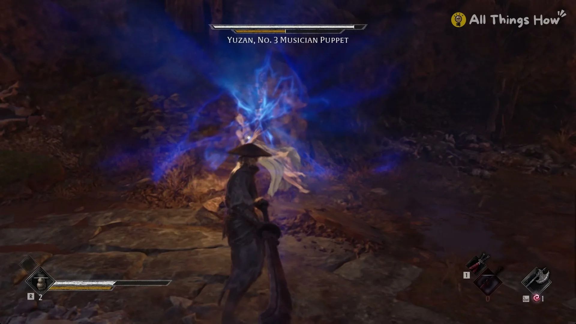A blue burst rising over Soul before Yuzan dives in, Phantom Blade Zero