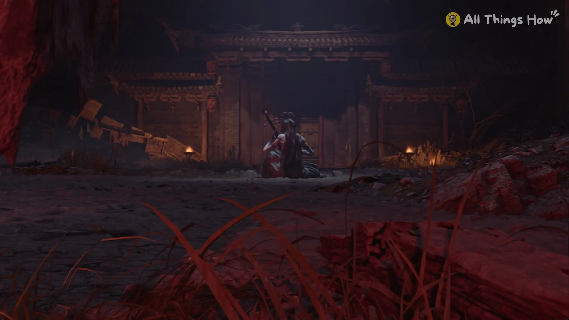 Yuzan seated with her pipa at the far end of her arena, Phantom Blade Zero