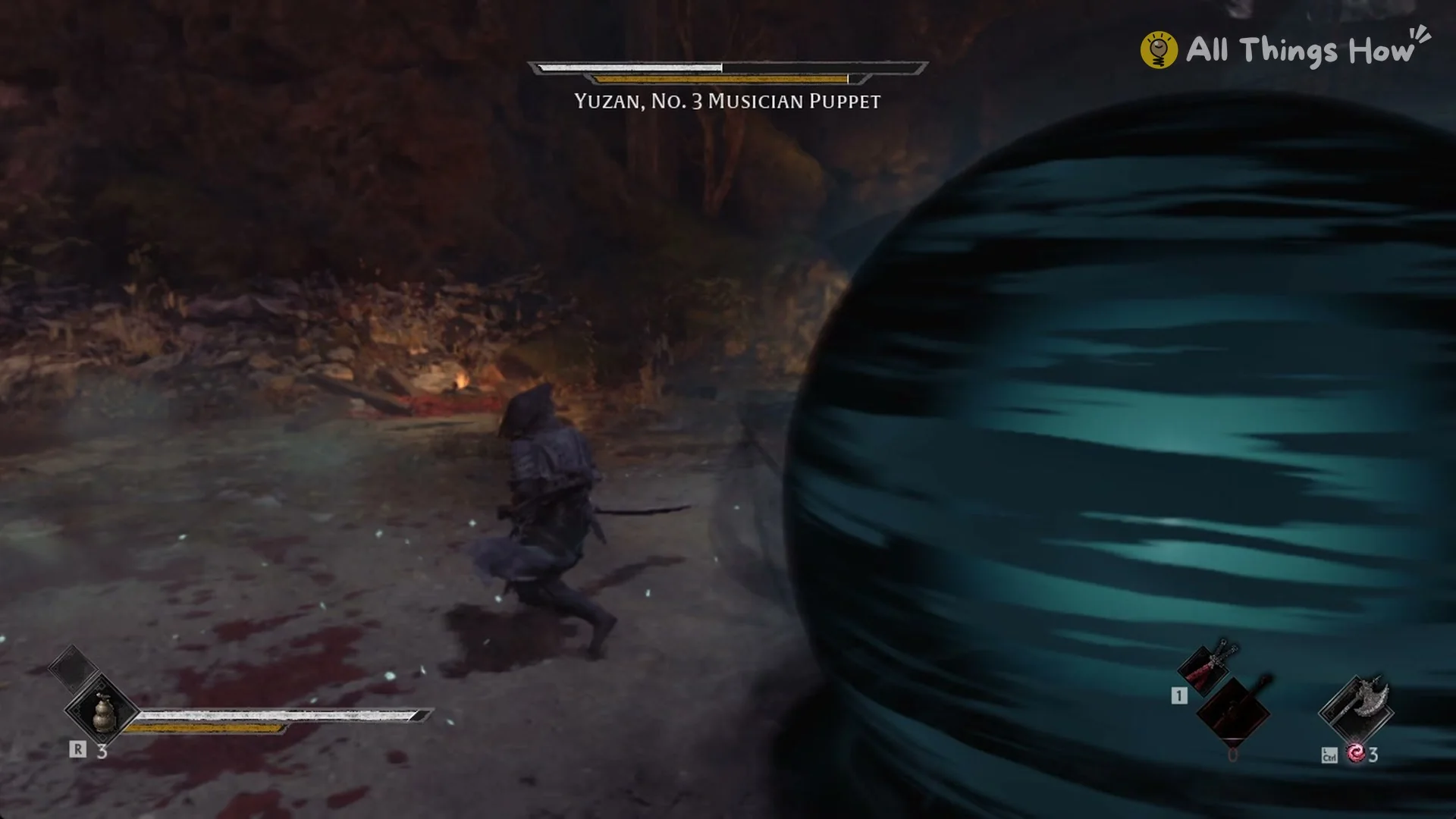 A large dark teal orb closing in on Soul in Yuzan's arena, Phantom Blade Zero