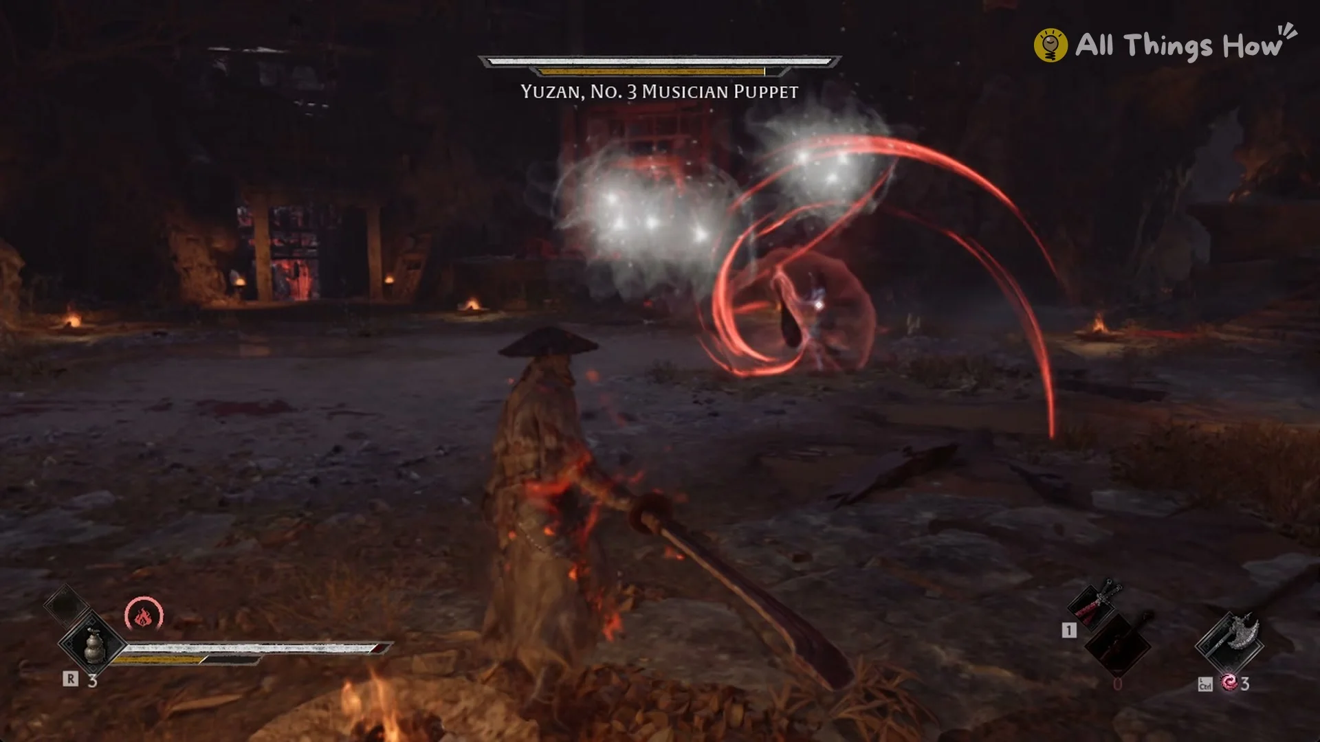 Red crescent blades curling out of Yuzan's red sphere, Phantom Blade Zero