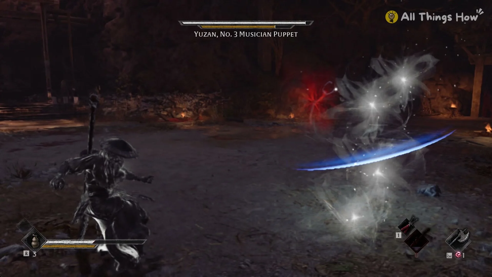 White orbs and a blue blade flying at Soul, Phantom Blade Zero