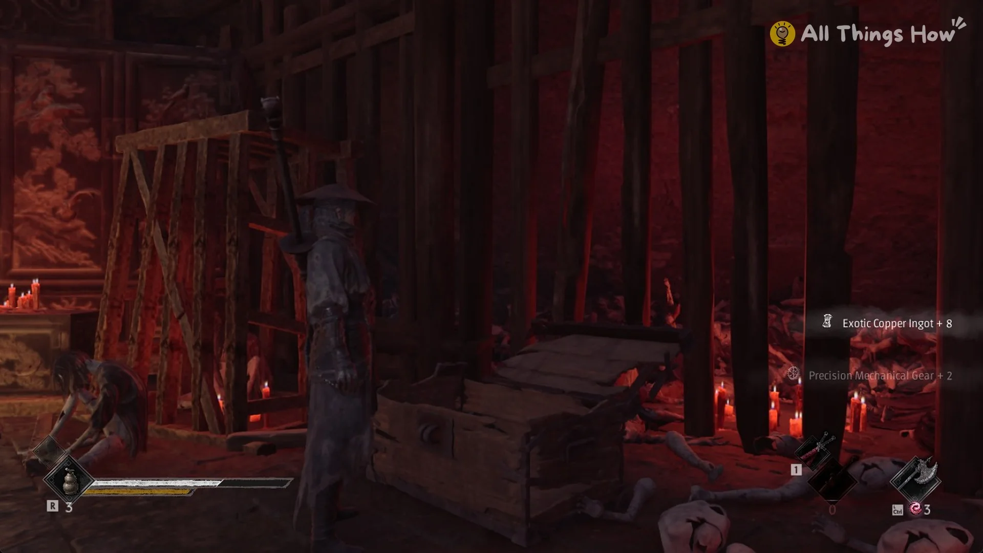 The opened chest in the puppet workshop with Exotic Copper Ingot + 8 and Precision Mechanical Gear + 2, Phantom Blade Zero