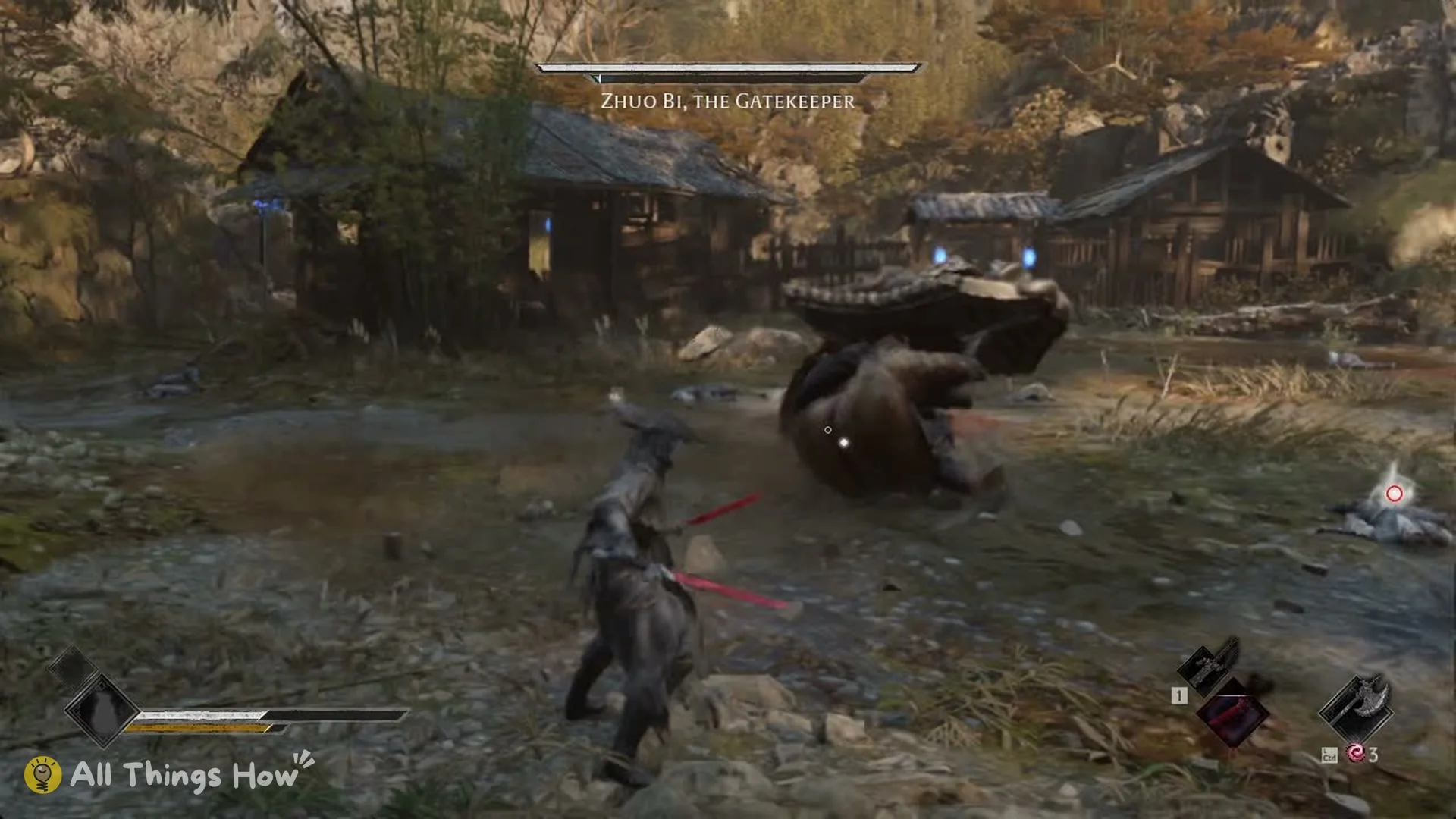 Zhuo Bi crouching behind his shield with a blue glint before an attack, Phantom Blade Zero