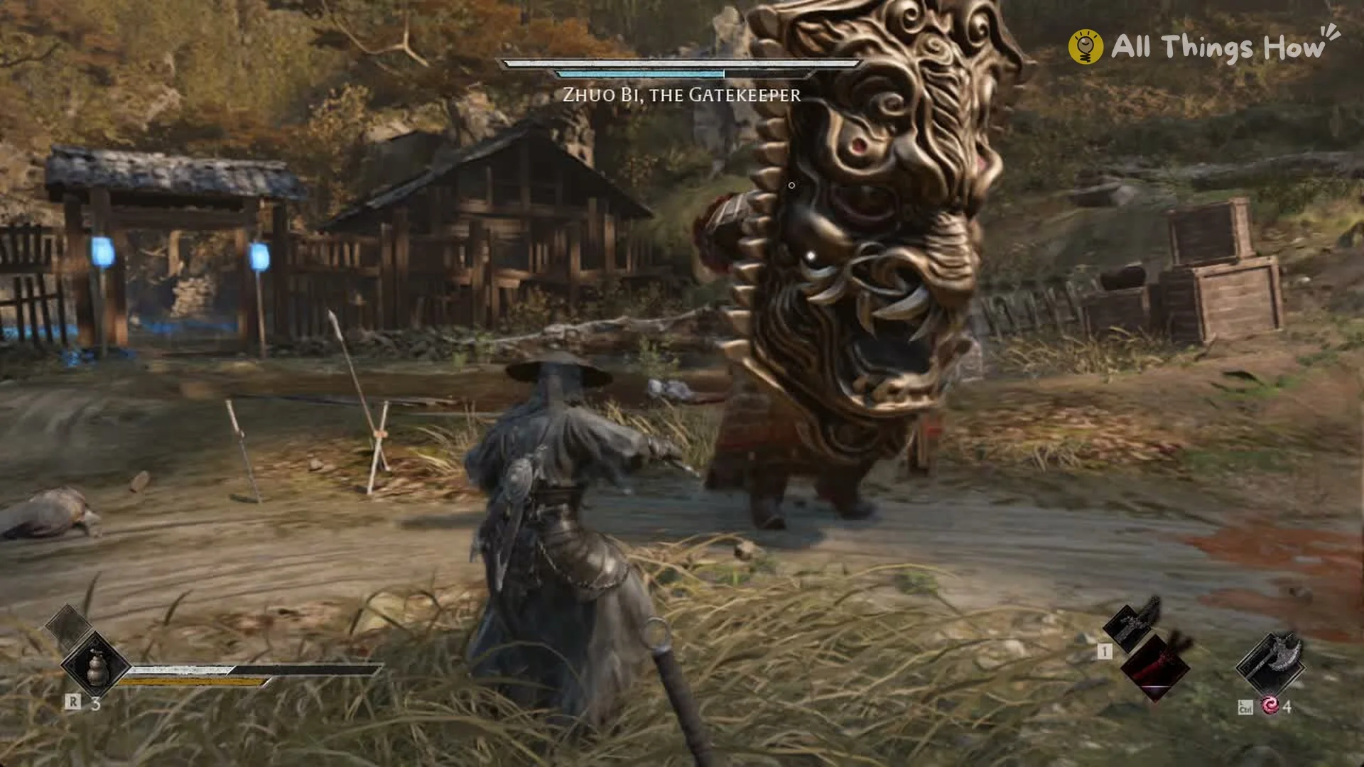 Soul facing Zhuo Bi, the Gatekeeper and his demon-face shield, Phantom Blade Zero