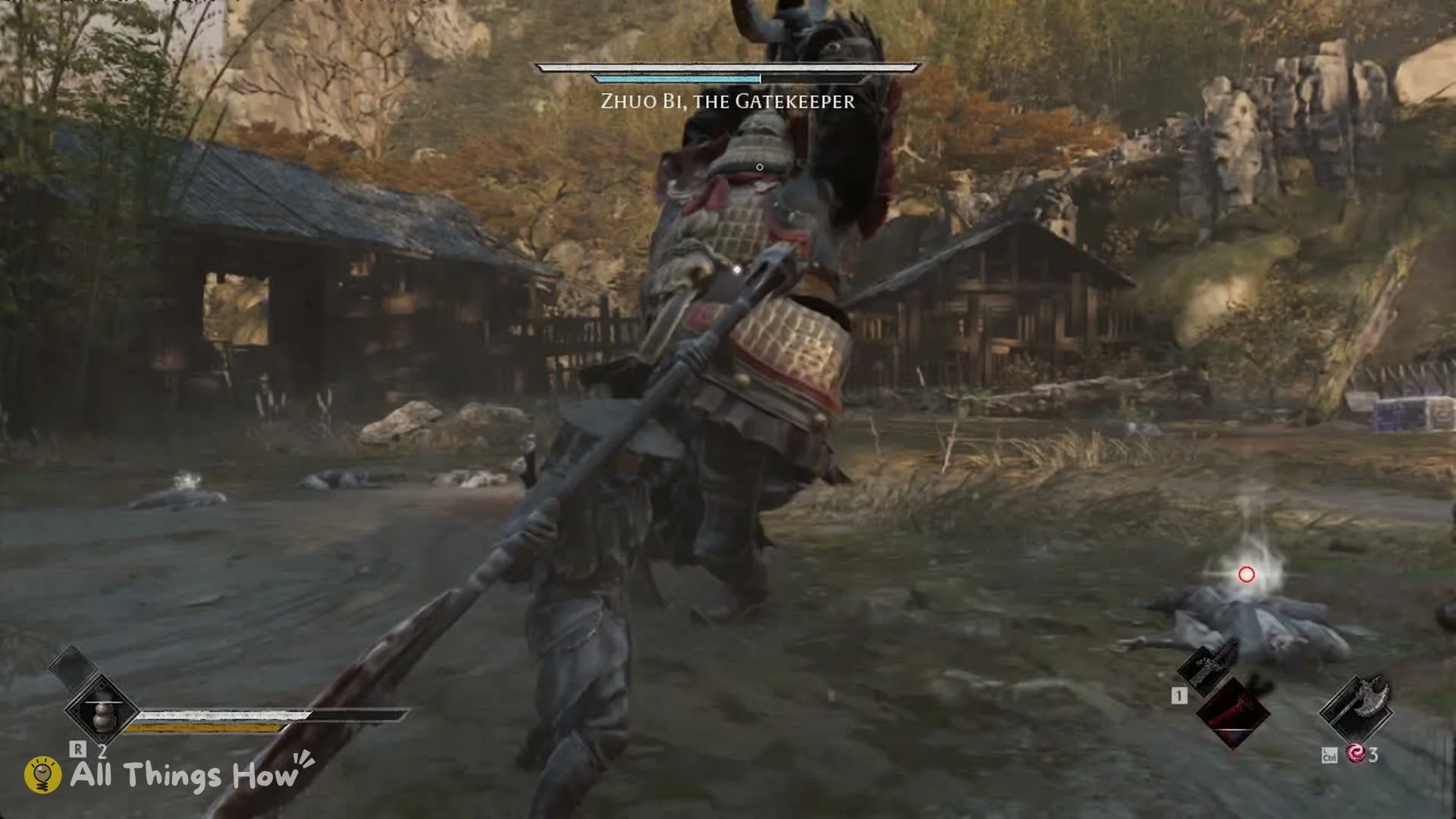Zhuo Bi sweeping his long polearm at Soul, Phantom Blade Zero