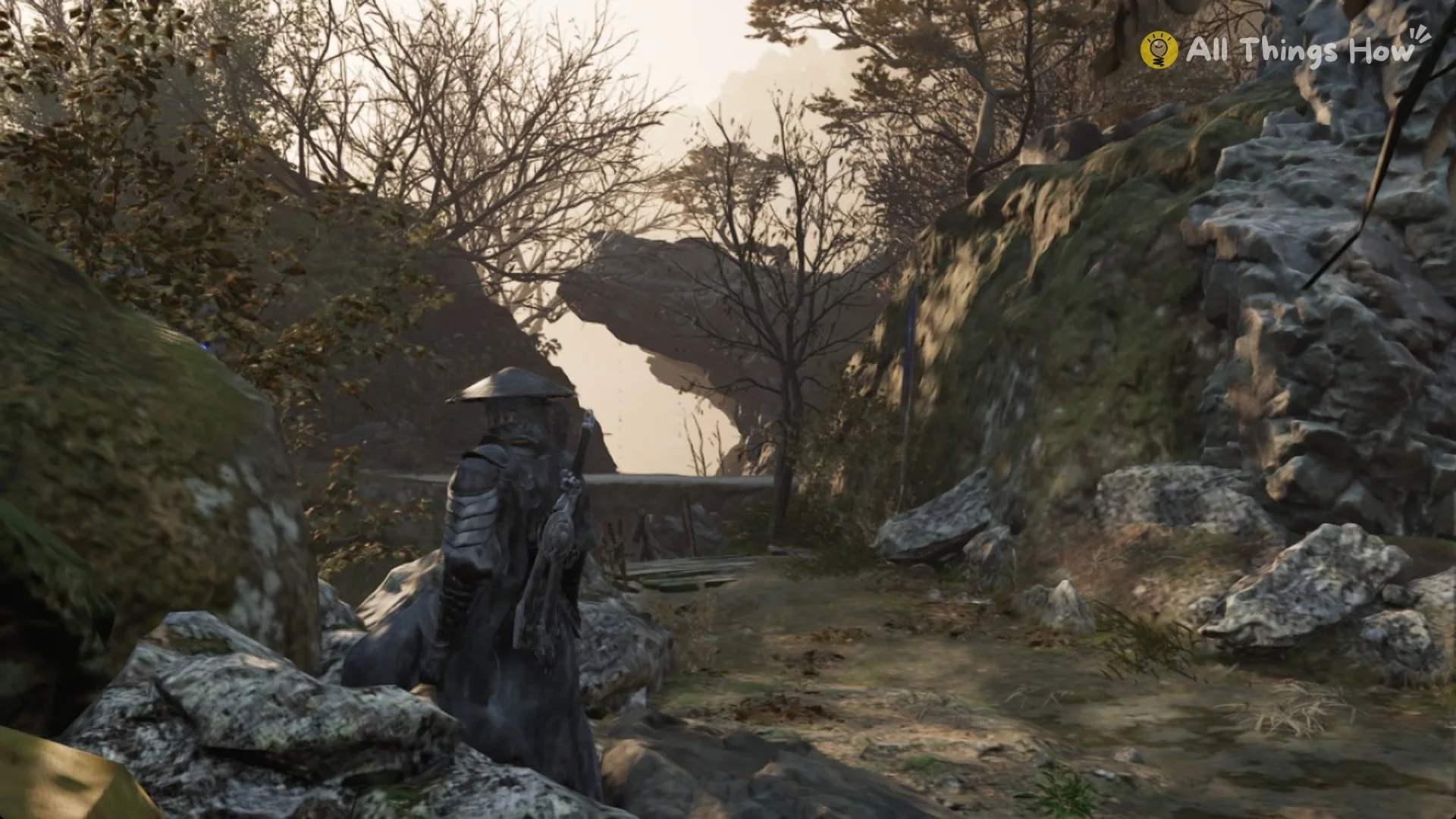 Soul among the boulders at the barn exit, with a natural rock arch ahead, Phantom Blade Zero