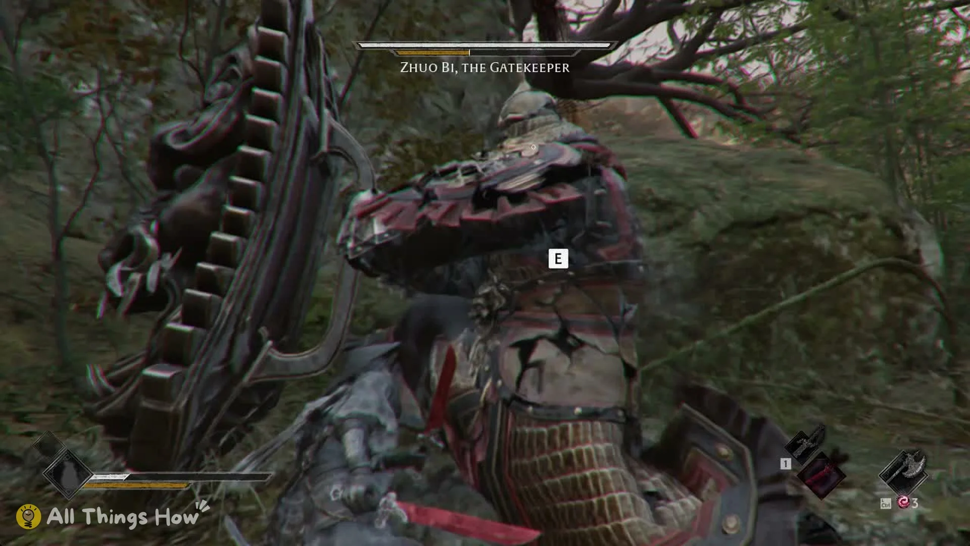 Zhuo Bi staggered with his guard broken and an E prompt above him, Phantom Blade Zero