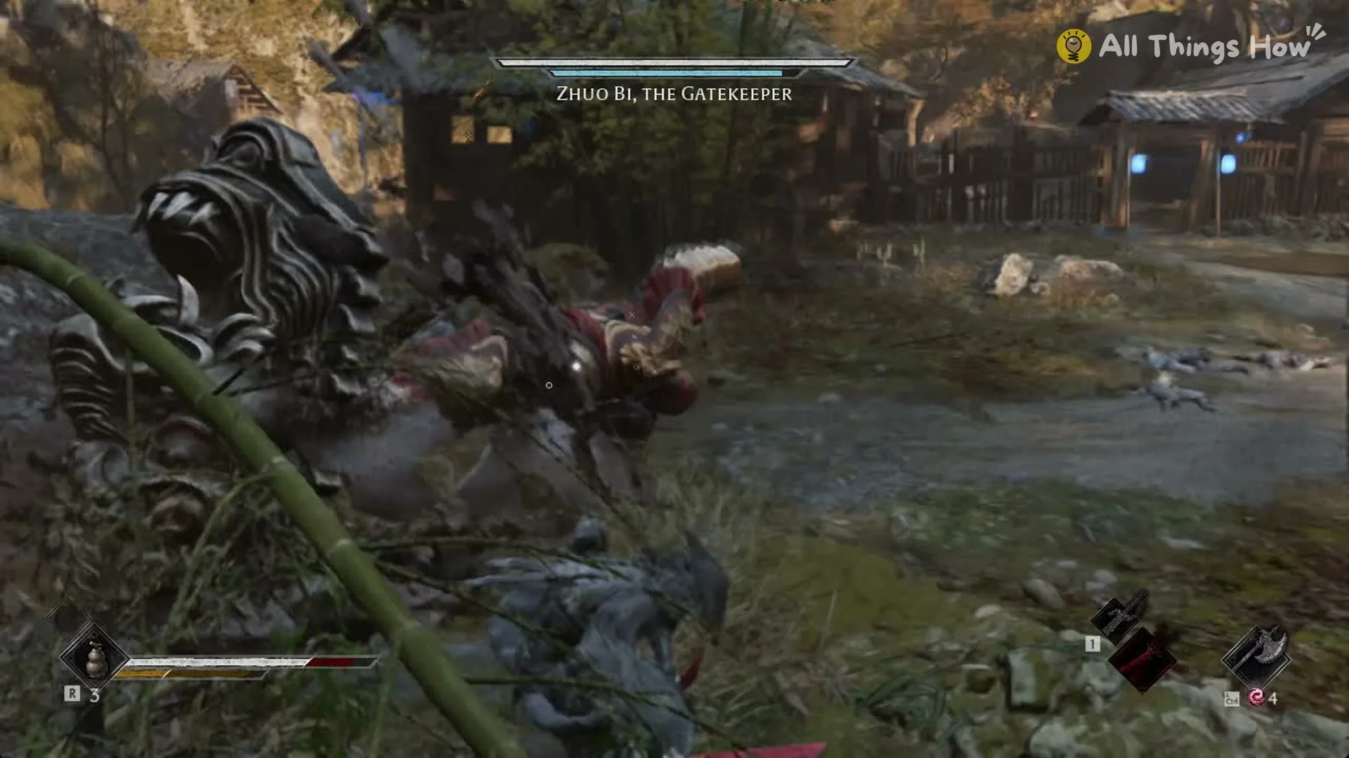 Zhuo Bi swinging his giant shield down at Soul, Phantom Blade Zero