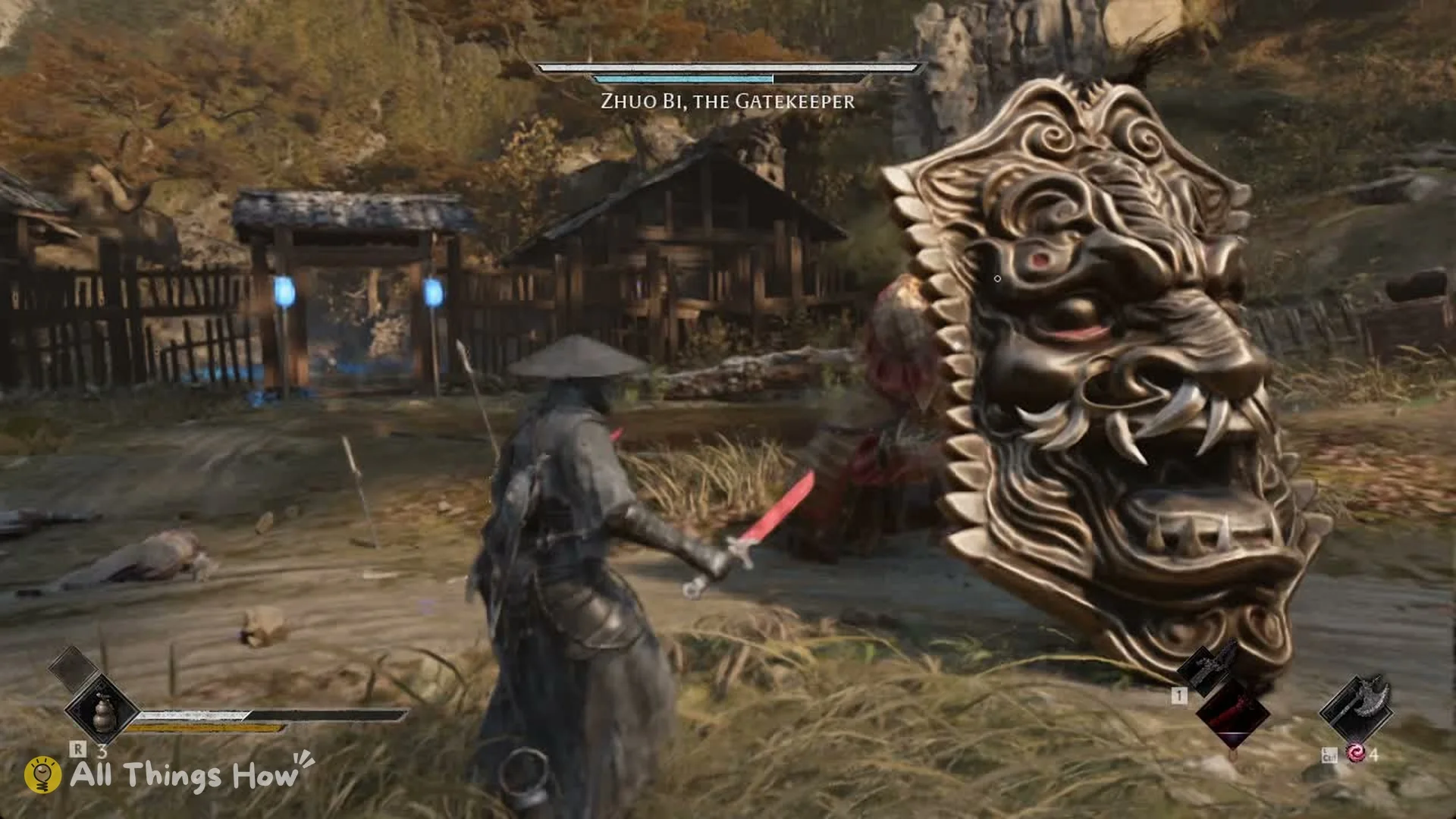 Zhuo Bi, the Gatekeeper advancing behind his huge demon-face shield, Phantom Blade Zero