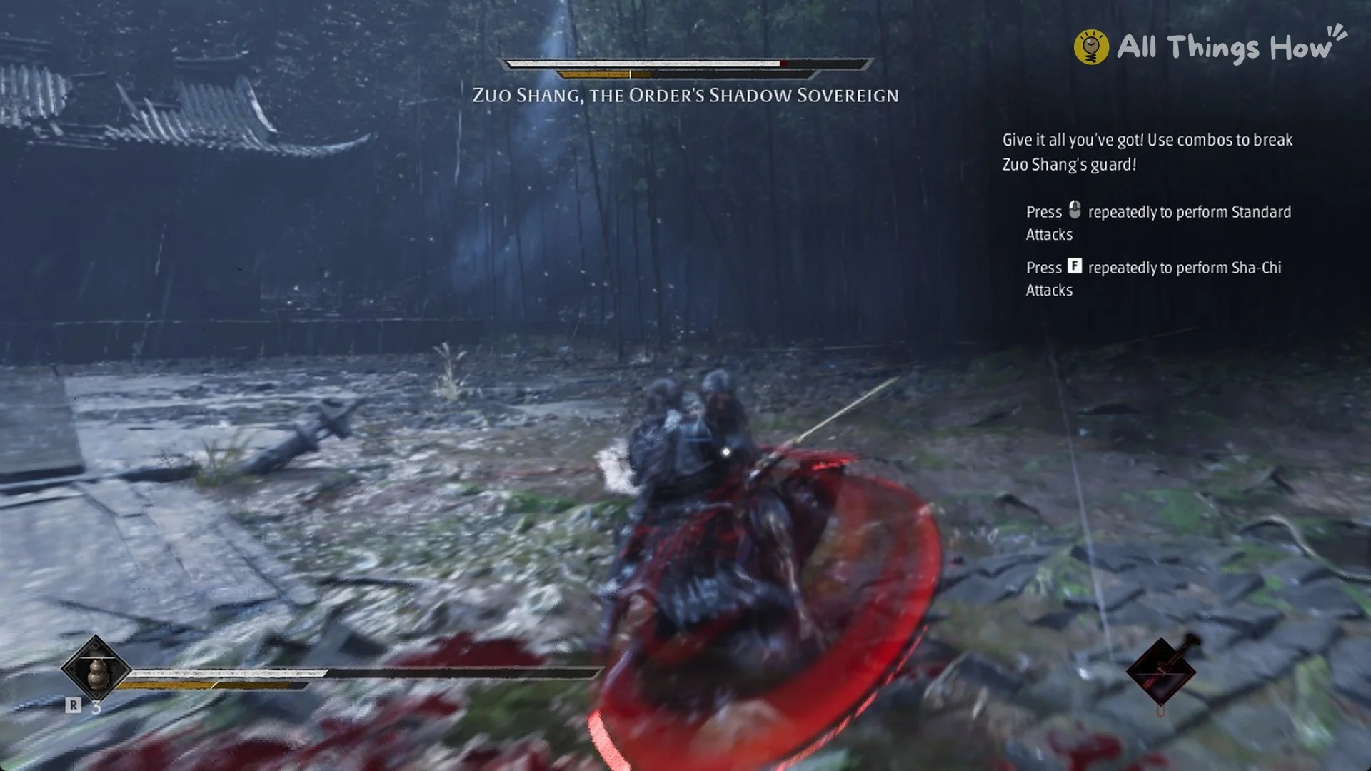 Close-range Red-flash strike from Zuo Shang with a red arc at the player's feet in the Phantom Blade Zero duel