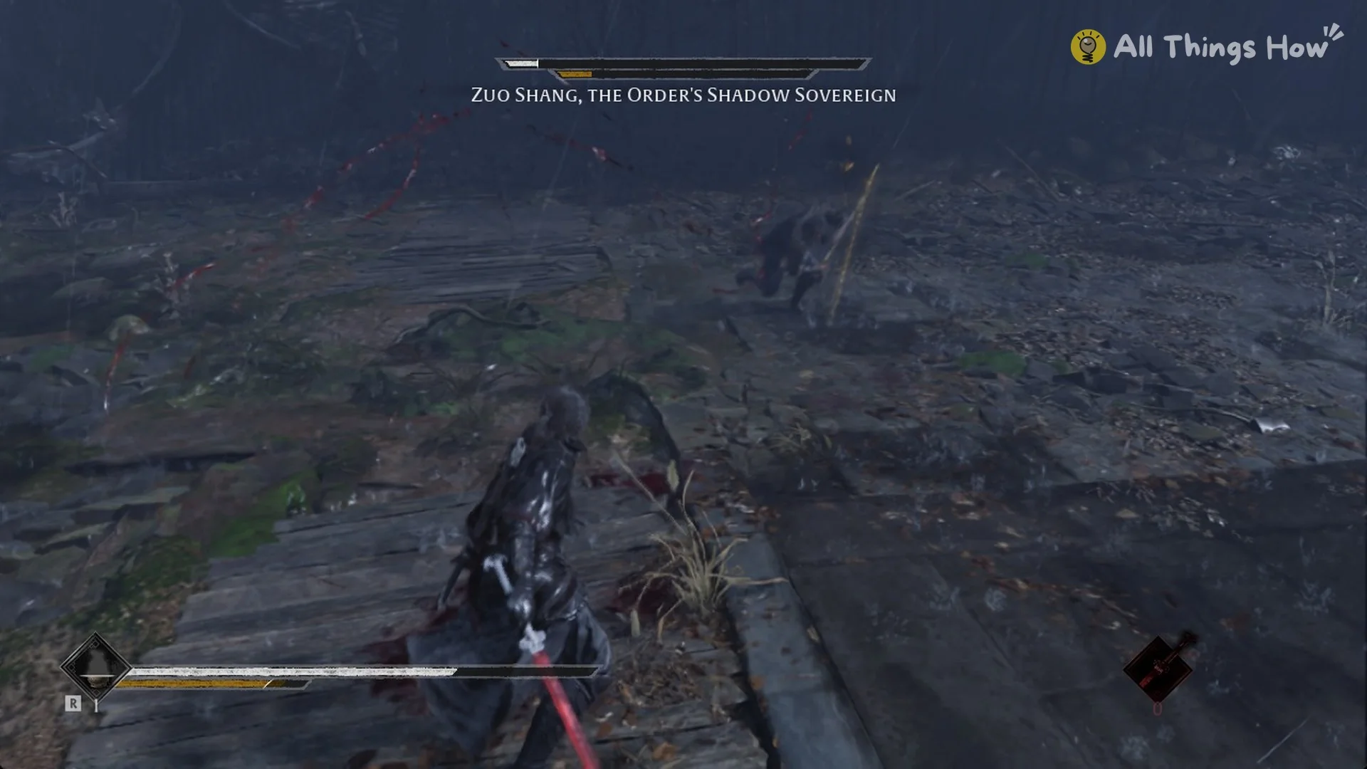 Wide shot of the rain-soaked battlefield with Zuo Shang, the Order's Shadow Sovereign, low on health in Phantom Blade Zero