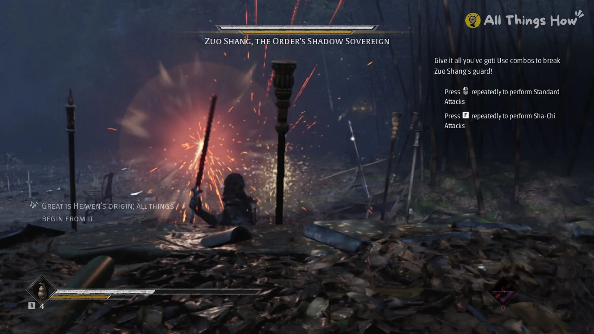 Red sparks from parrying a heavy strike by Zuo Shang, the Order's Shadow Sovereign, in Phantom Blade Zero