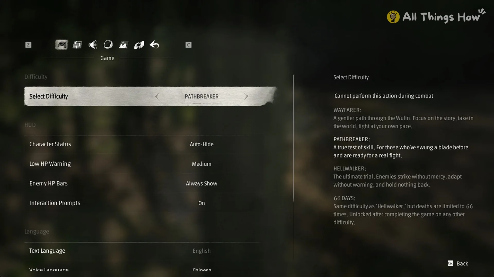 Phantom Blade Zero Settings Game tab during the Zuo Shang fight with Select Difficulty on Pathbreaker and the message Cannot perform this action during combat