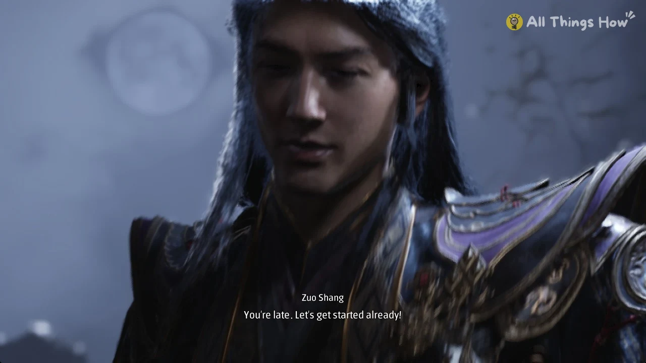 Close-up of a long-haired man in ornate purple and silver armor against a misty moonlit backdrop, with a subtitle.
