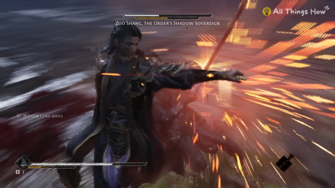 Zuo Shang, the Order's Shadow Sovereign, striking with a burst of orange sparks in the Phantom Blade Zero prologue duel
