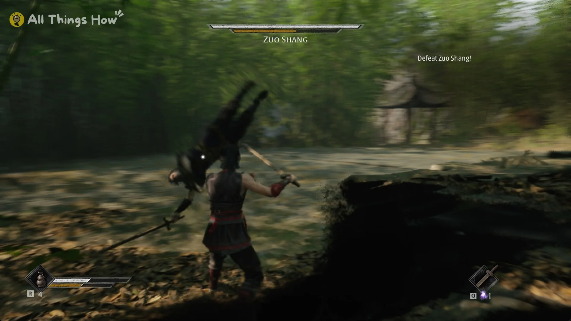 Young Zuo Shang leaping into a flying kick in the bamboo sparring yard in Phantom Blade Zero
