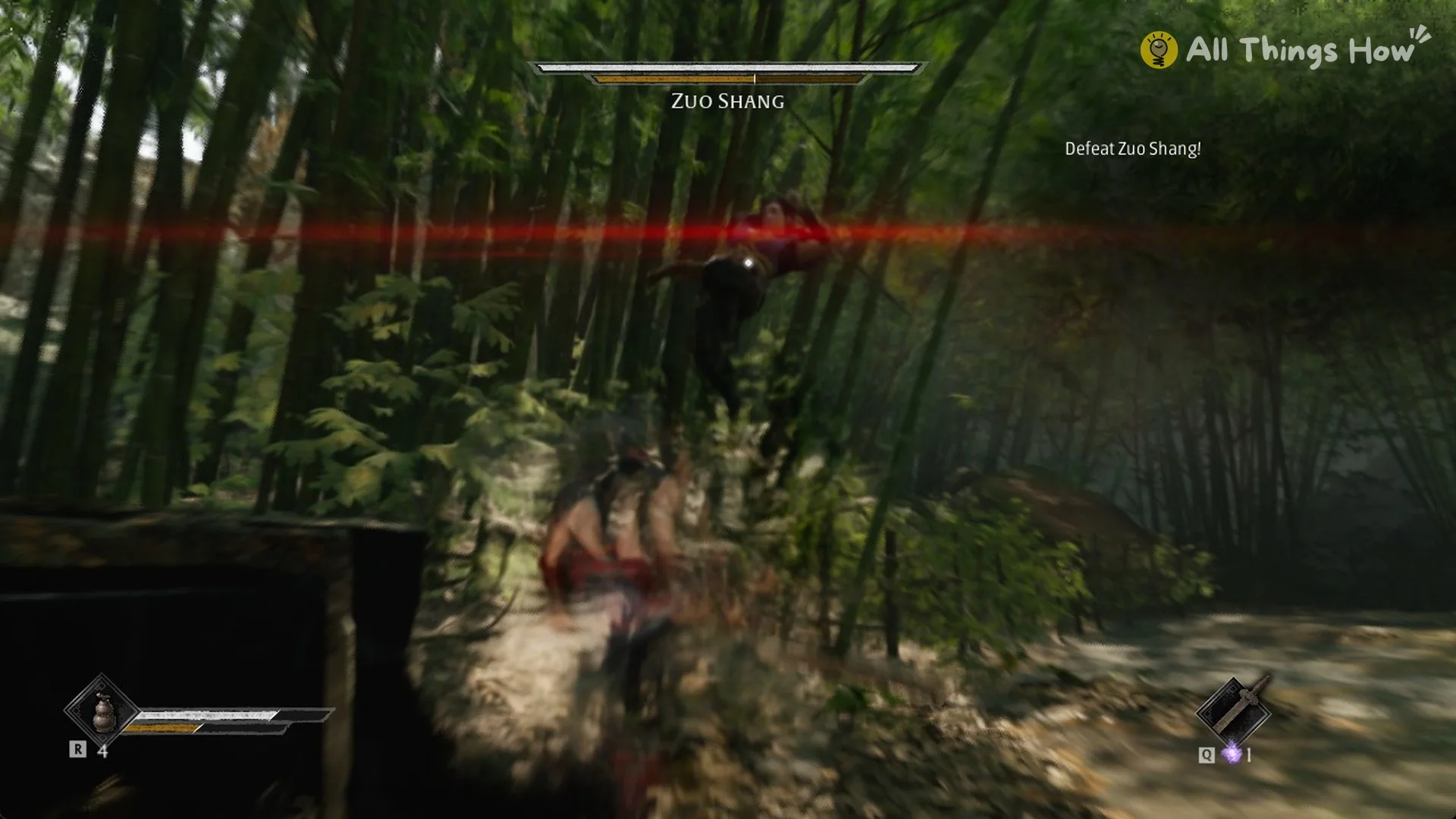 Red streak across the screen as young Zuo Shang starts his Red-flash thrust in the Phantom Blade Zero sparring match