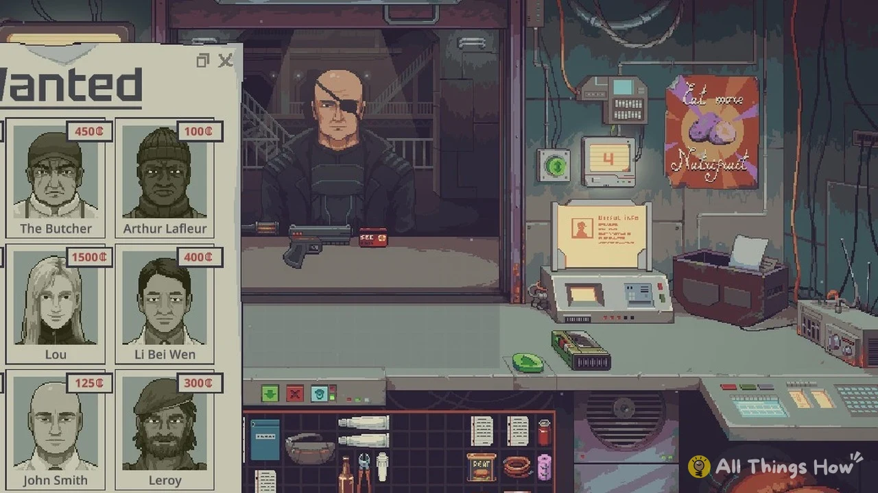 Pixel-art pawn shop counter with a bald eyepatched man and a pistol, beside a wanted board of six portraits with prices.