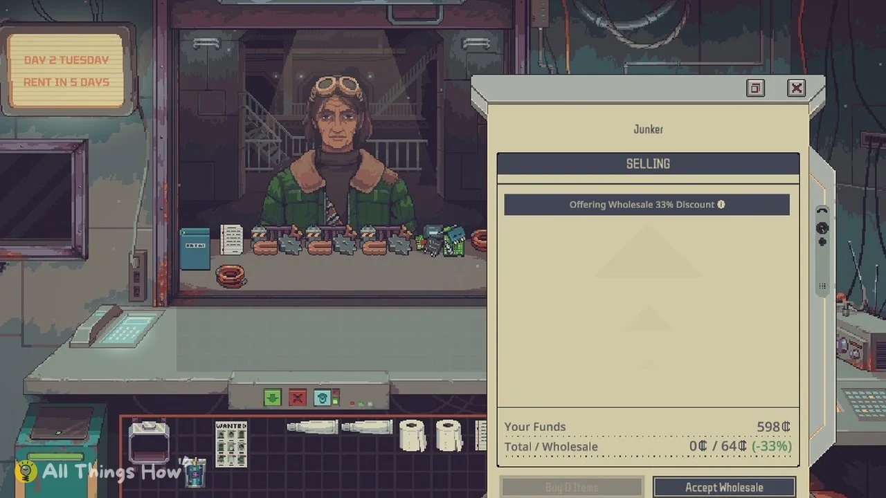 Pixel-art shop window with a goggled man in a green jacket, scrap items on counter, and a selling panel.
