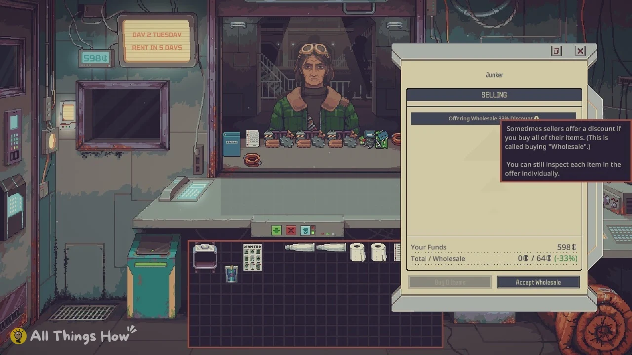 Pixel-art trader in goggles and a green jacket at a shop window, with a selling panel and a discount tooltip open on the right.