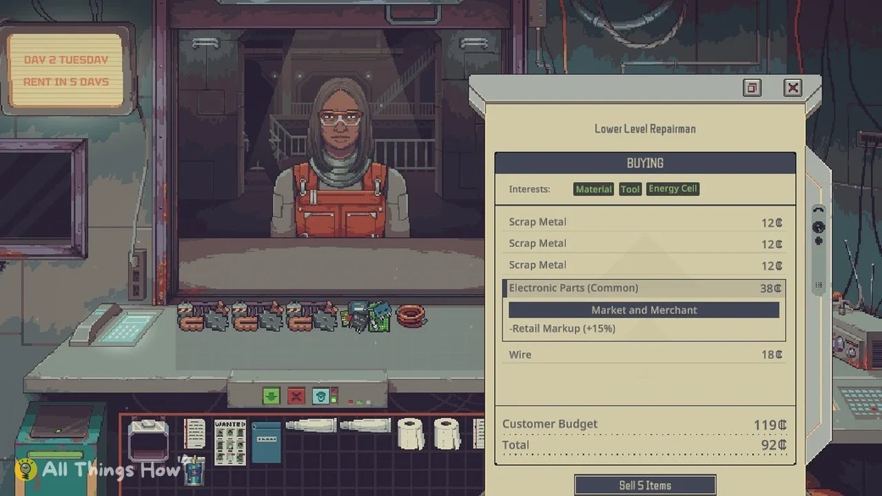 Pixel-art pawn shop counter with a woman in orange overalls and a buying panel listing scrap metal, electronics and wire.