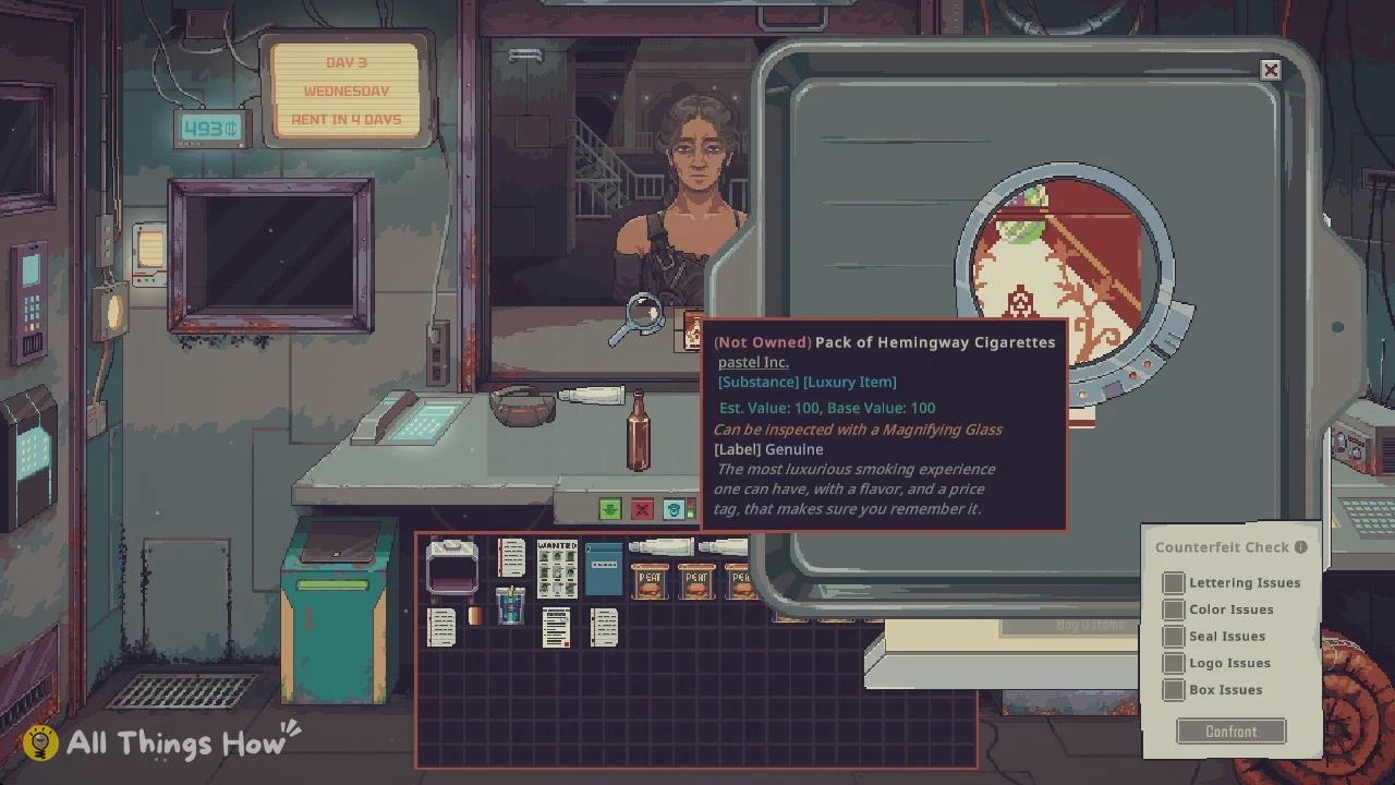 Pixel-art shop with a woman at the window, zoomed cigarette pack, item tooltip and a counterfeit checklist panel.