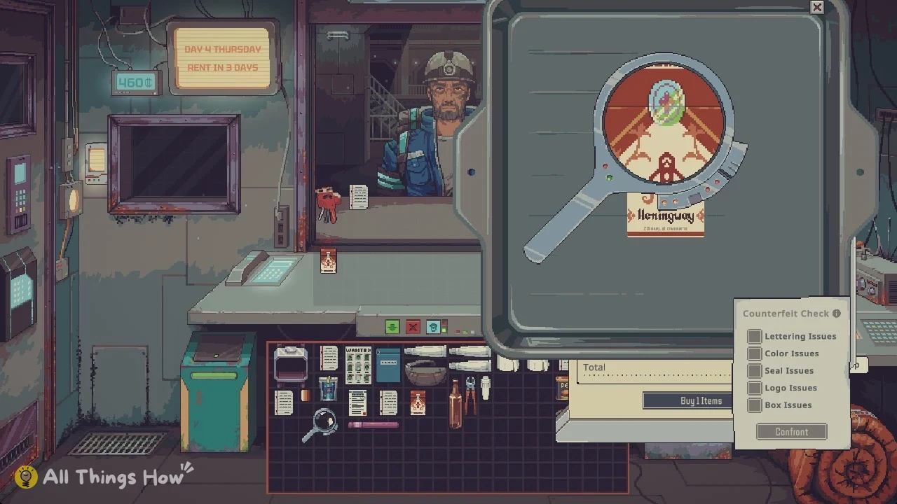 Pixel-art shop counter with a miner customer, a magnifier enlarging a cigarette pack, and a counterfeit checklist panel.