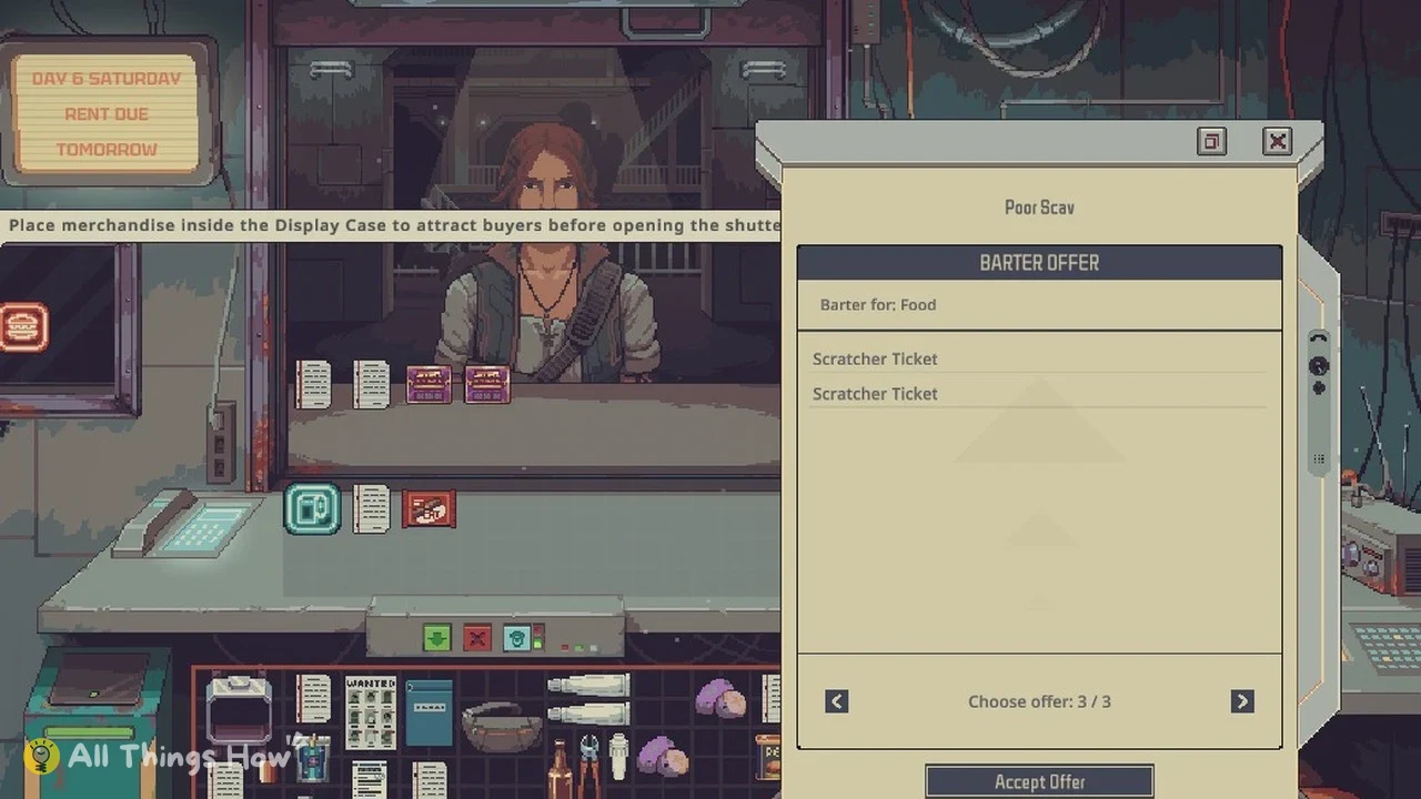 Pixel-art shop counter with a red-haired woman at the window and a barter offer panel listing two scratcher tickets.