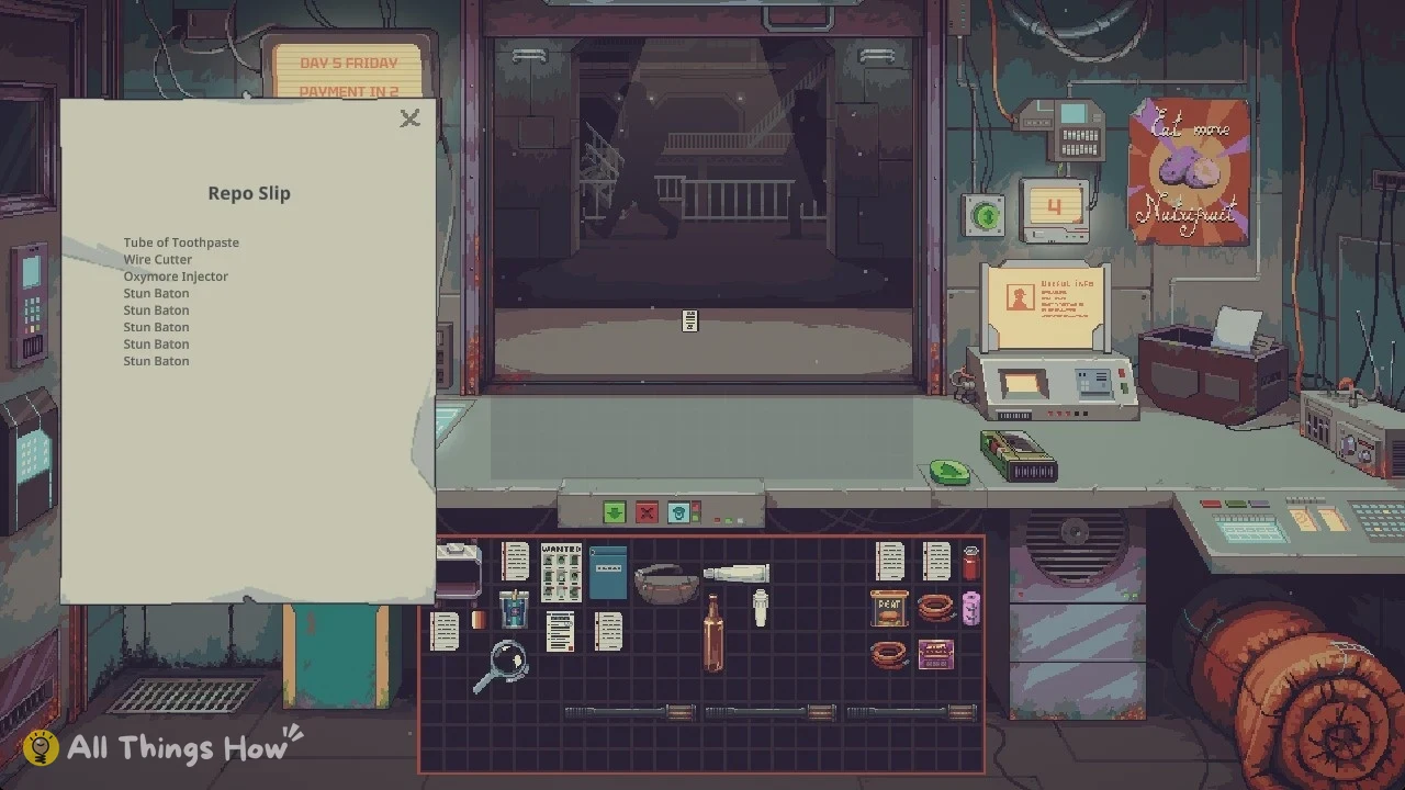 Pixel-art pawn shop counter with an open paper list on the left and a grid of stored items below.