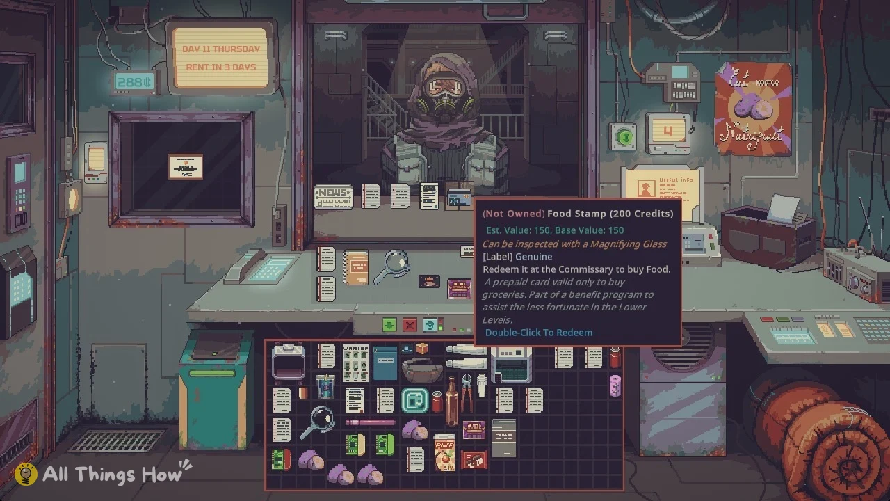 Shop counter with a masked customer behind glass and a tooltip describing a Food Stamp worth 200 credits.