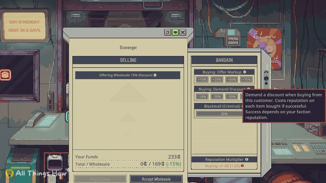 Trade window in a pixel-art shop with a tooltip explaining the demand discount option beside the bargain panel.