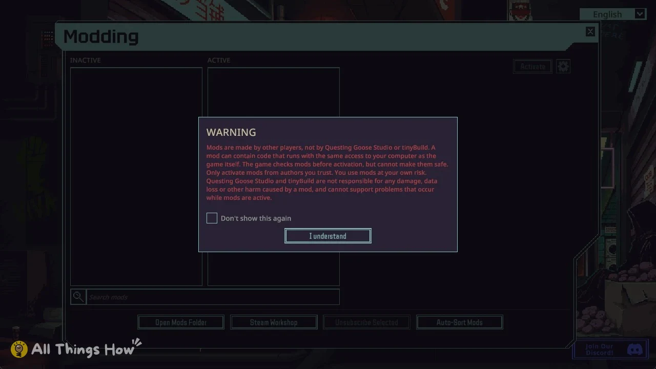 Dark Modding window with empty mod lists and a red-text warning pop-up with an I understand button