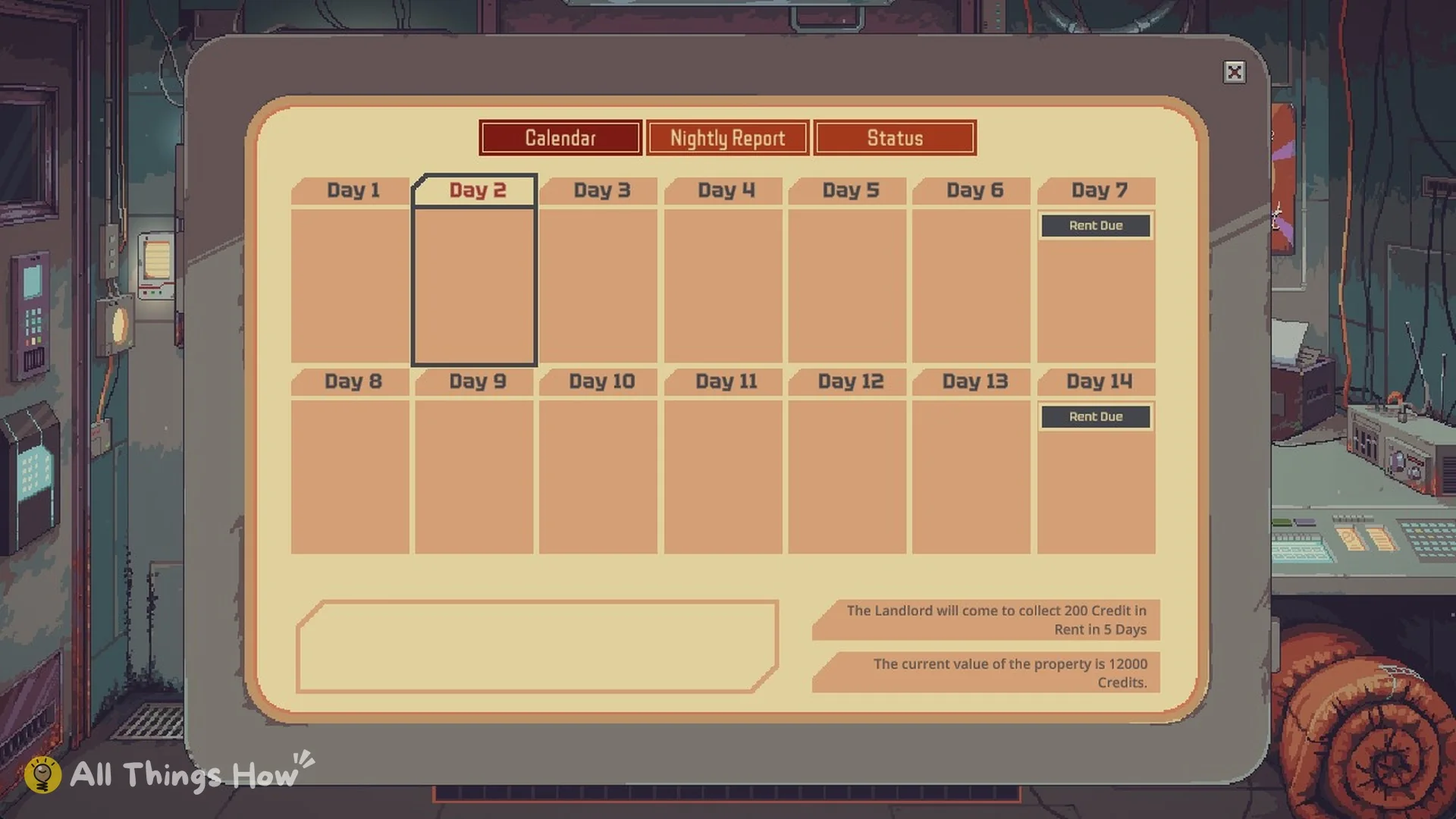 Calendar tab showing the property value of 12000 credits