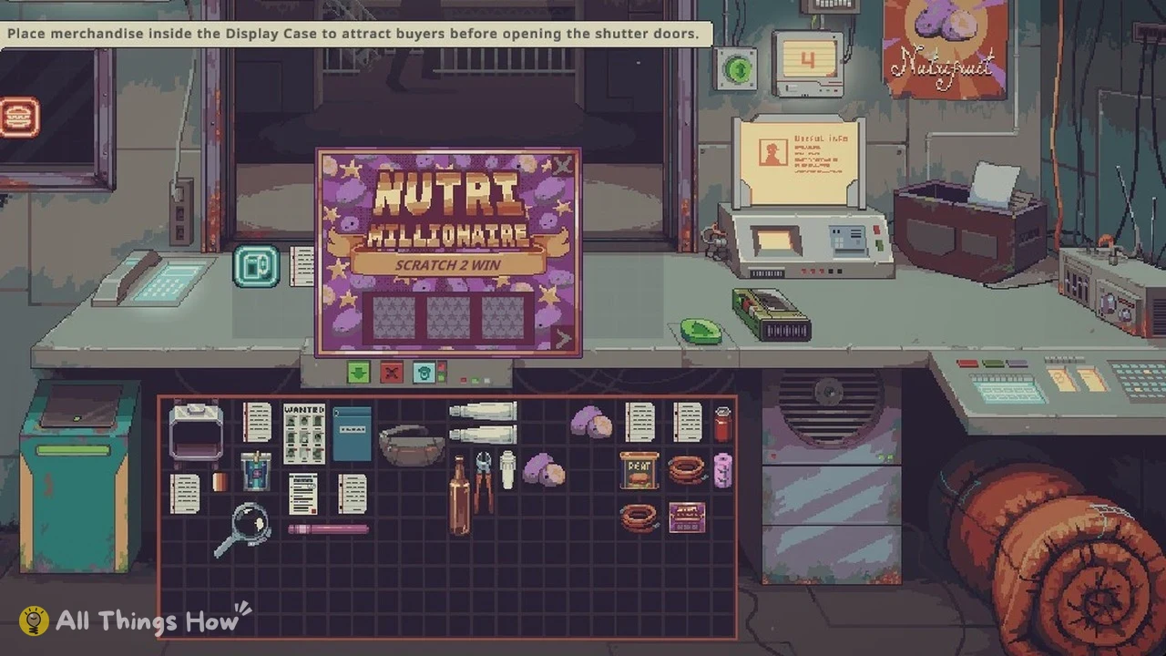 Purple Nutri Millionaire scratch card with three grey panels above a grid inventory of items on a pixel-art shop counter.