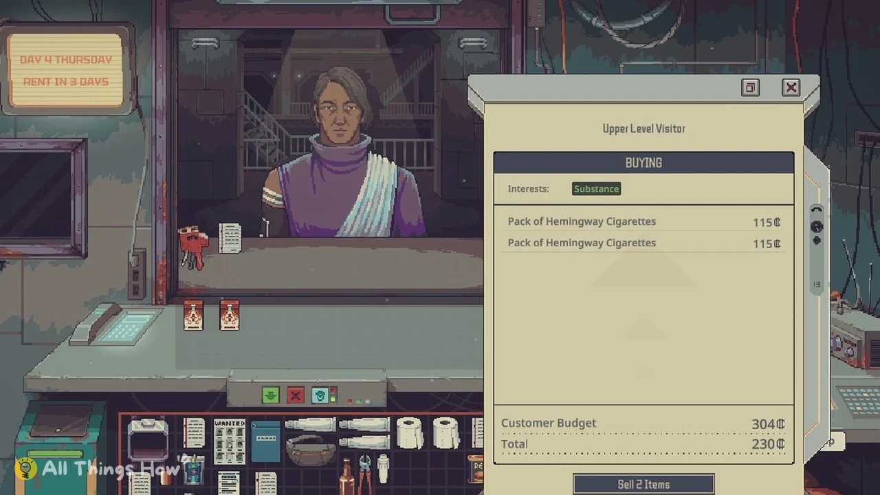 Pixel-art shop counter with a person in purple robes and a buying panel listing two cigarette packs.
