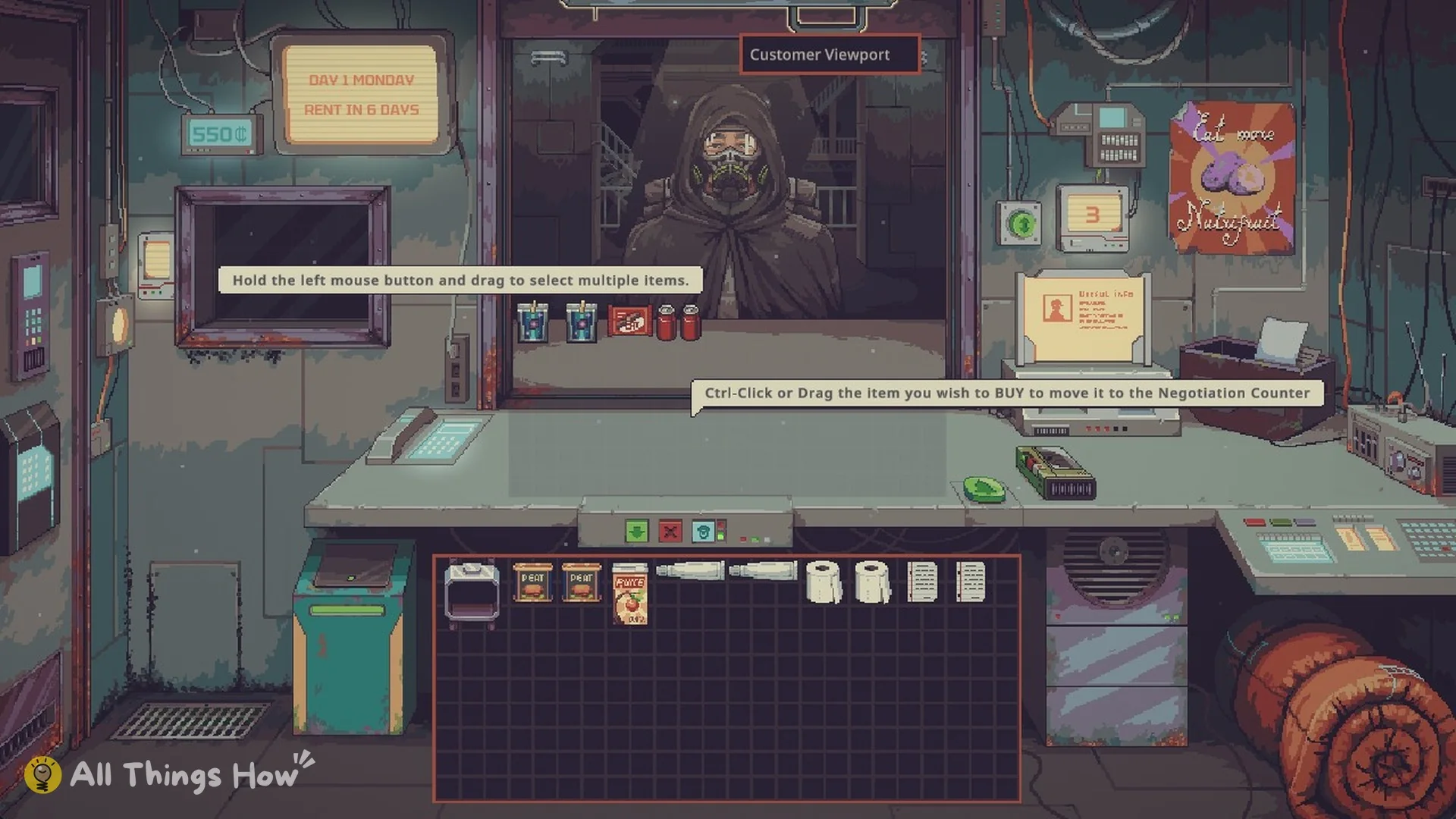 A Scavenger at the window with the hint to Ctrl-Click or drag items to buy