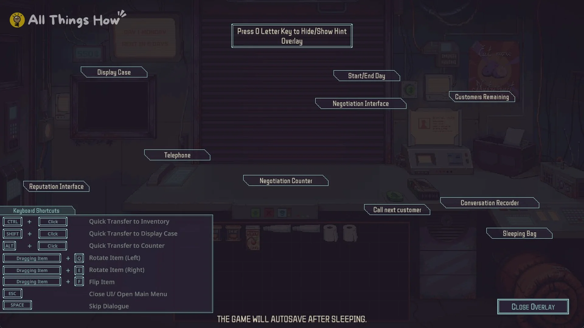 Hint overlay labelling the Display Case, Negotiation Counter, Sleeping Bag and other parts of the shop