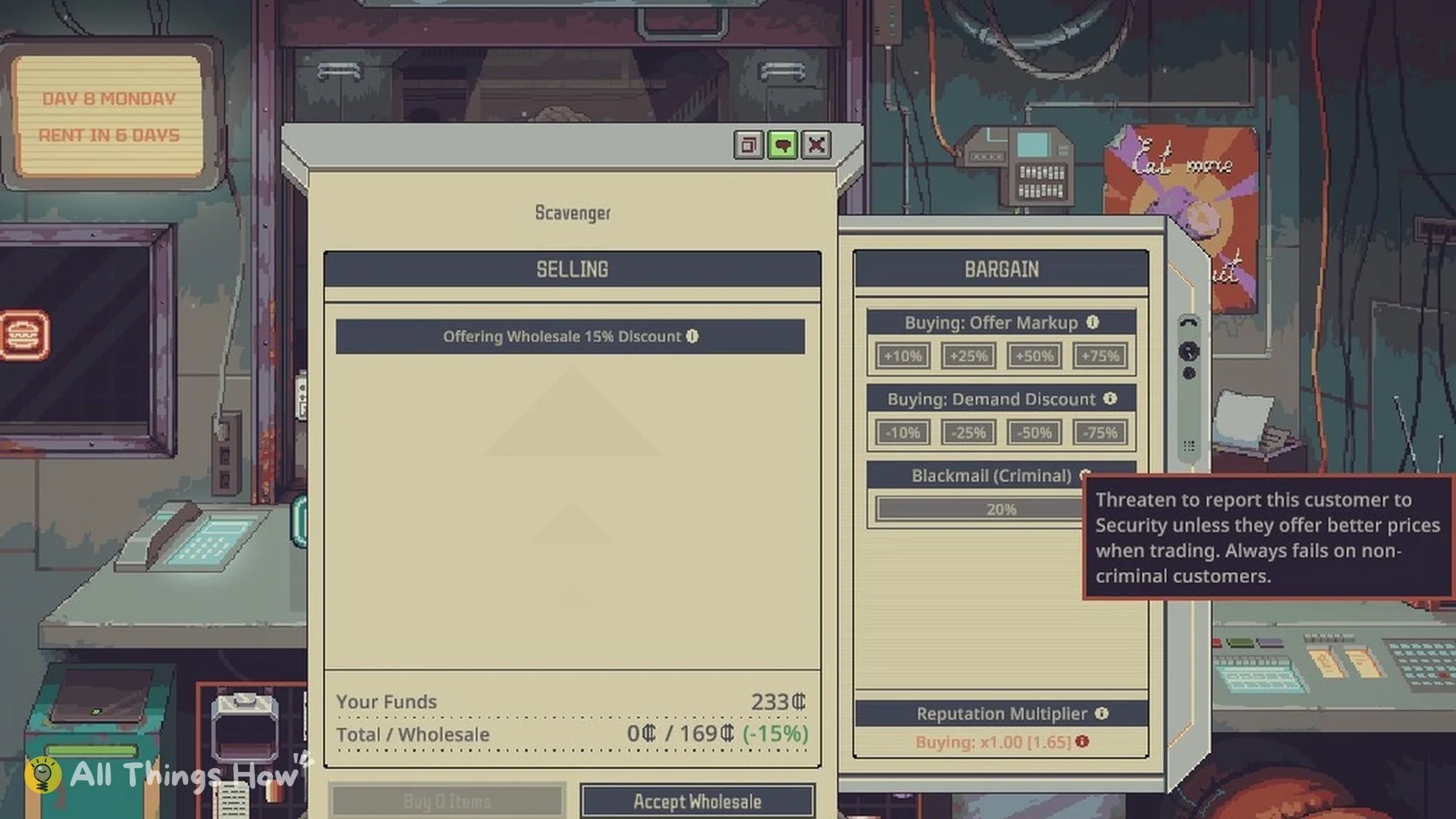 Bargain panel with the Blackmail (Criminal) tooltip
