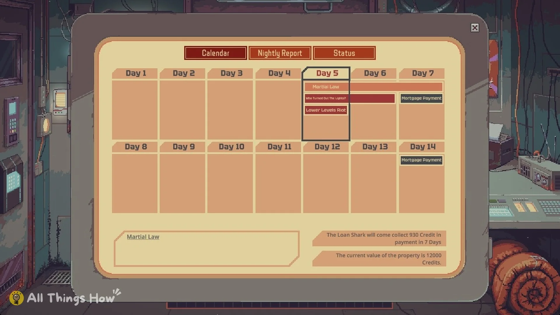 Calendar with Martial Law, Who Turned Out The Lights? and Lower Levels Riot bars