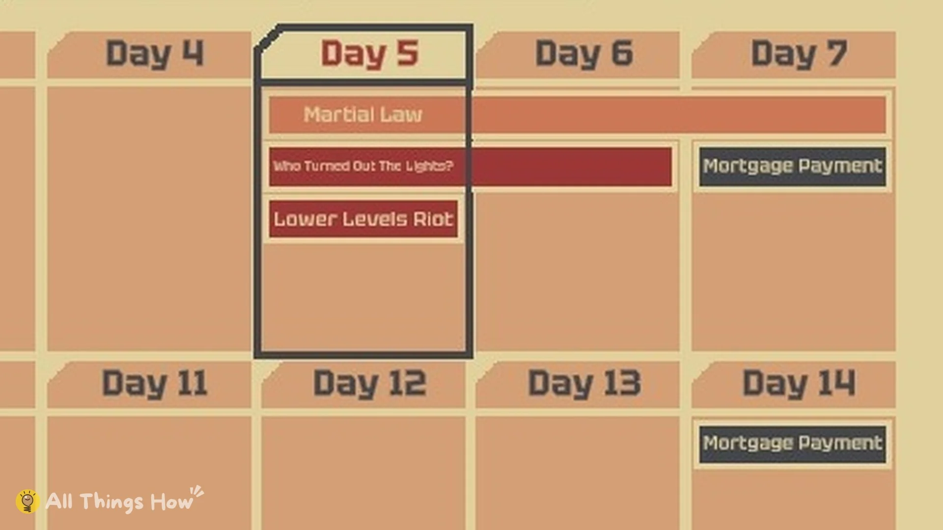 Calendar with Martial Law, blackout and riot event bars
