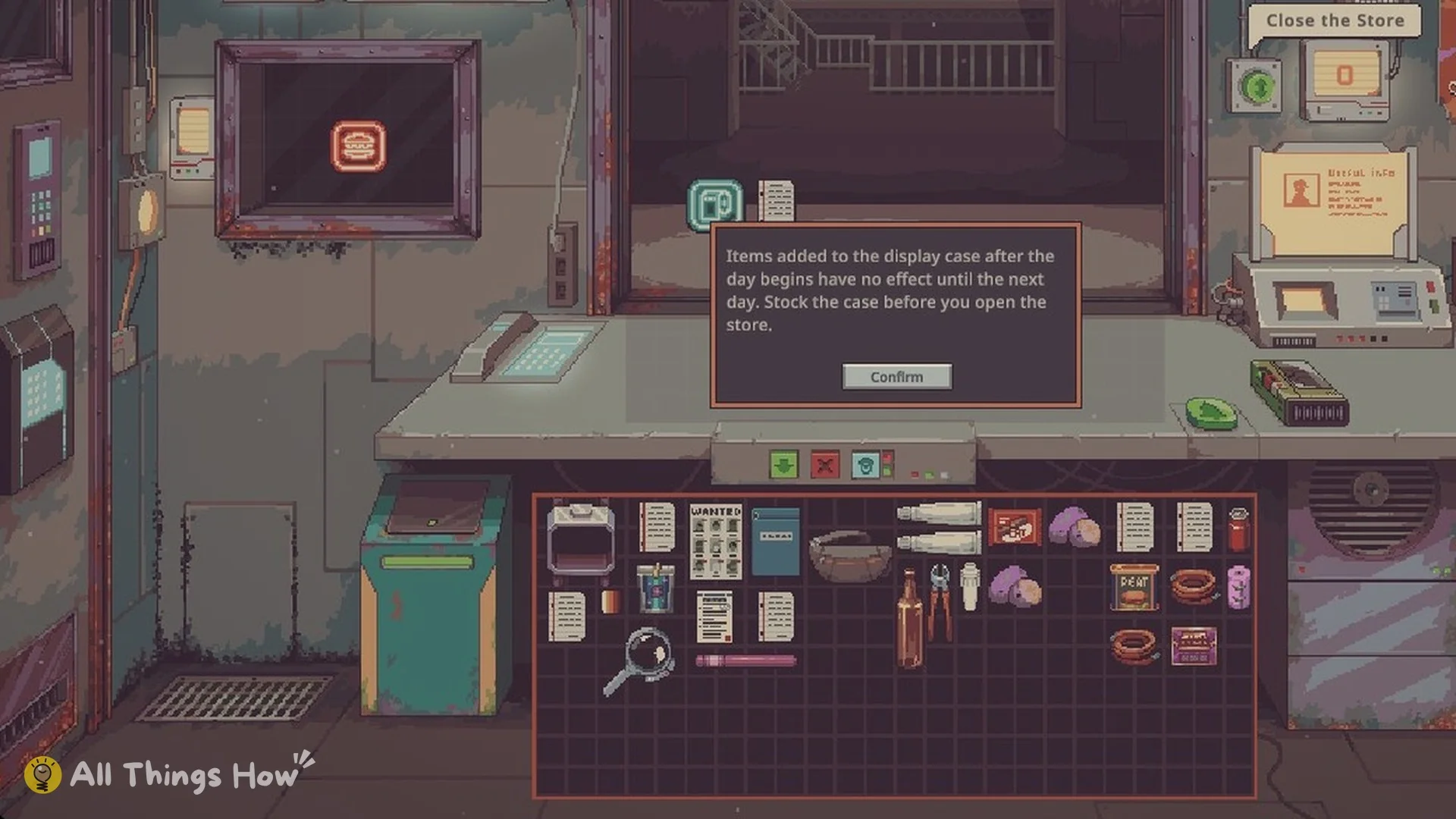 Warning that items added to the display case after the day begins have no effect until the next day
