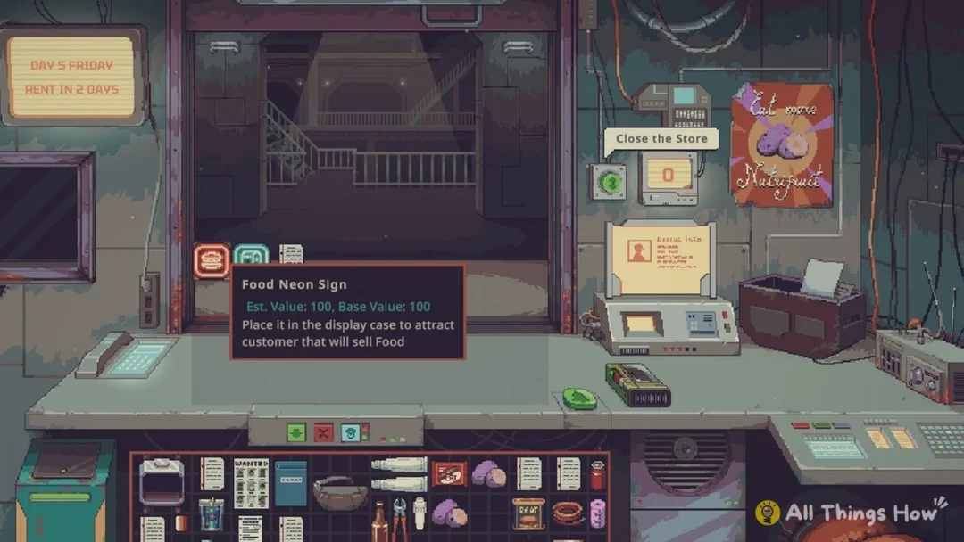 Food Neon Sign tooltip: place it in the display case to attract customers that sell Food