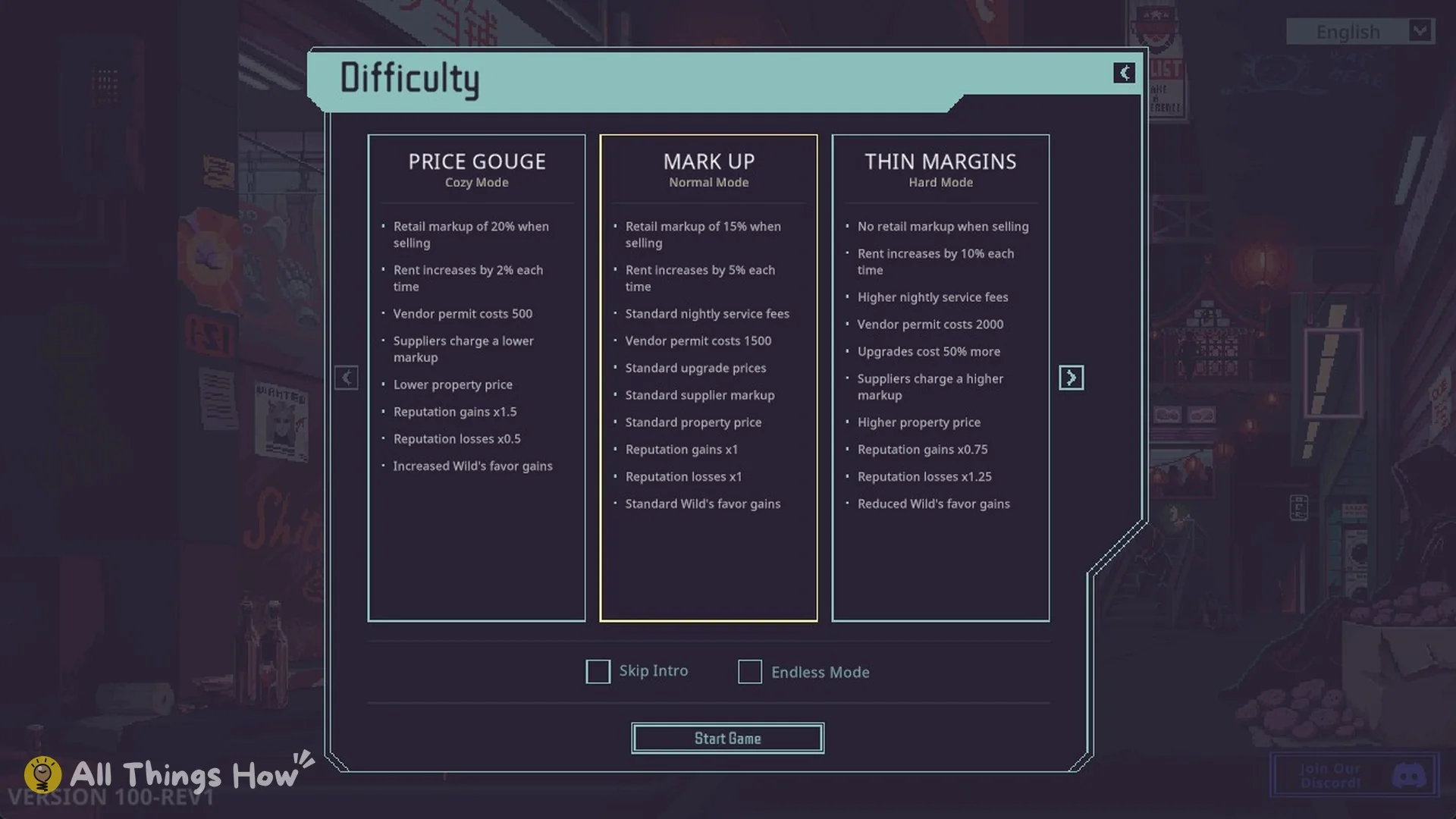 Difficulty screen listing property price changes for Price Gouge, Mark Up and Thin Margins