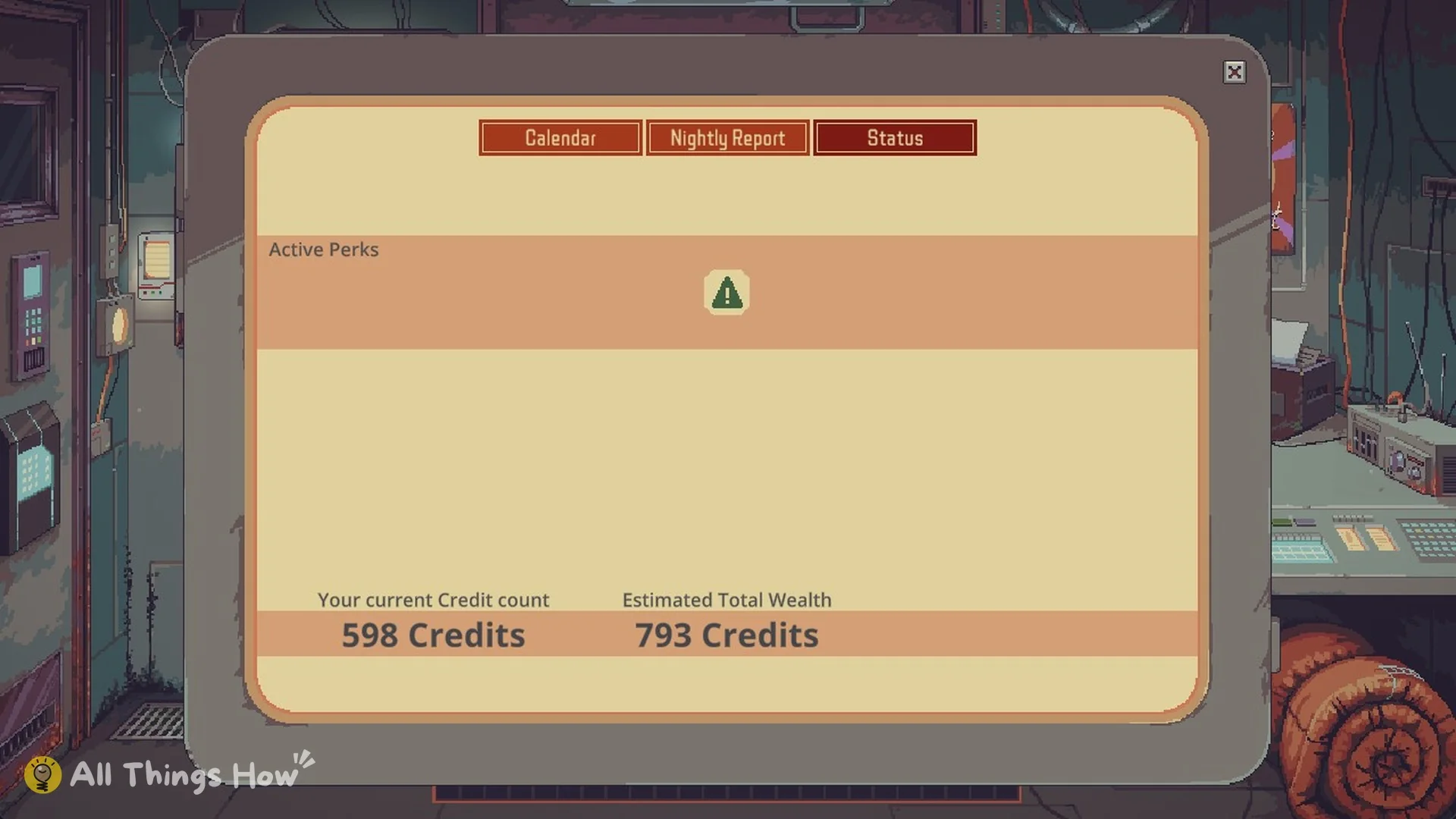Status tab with 598 Credits and Estimated Total Wealth of 793
