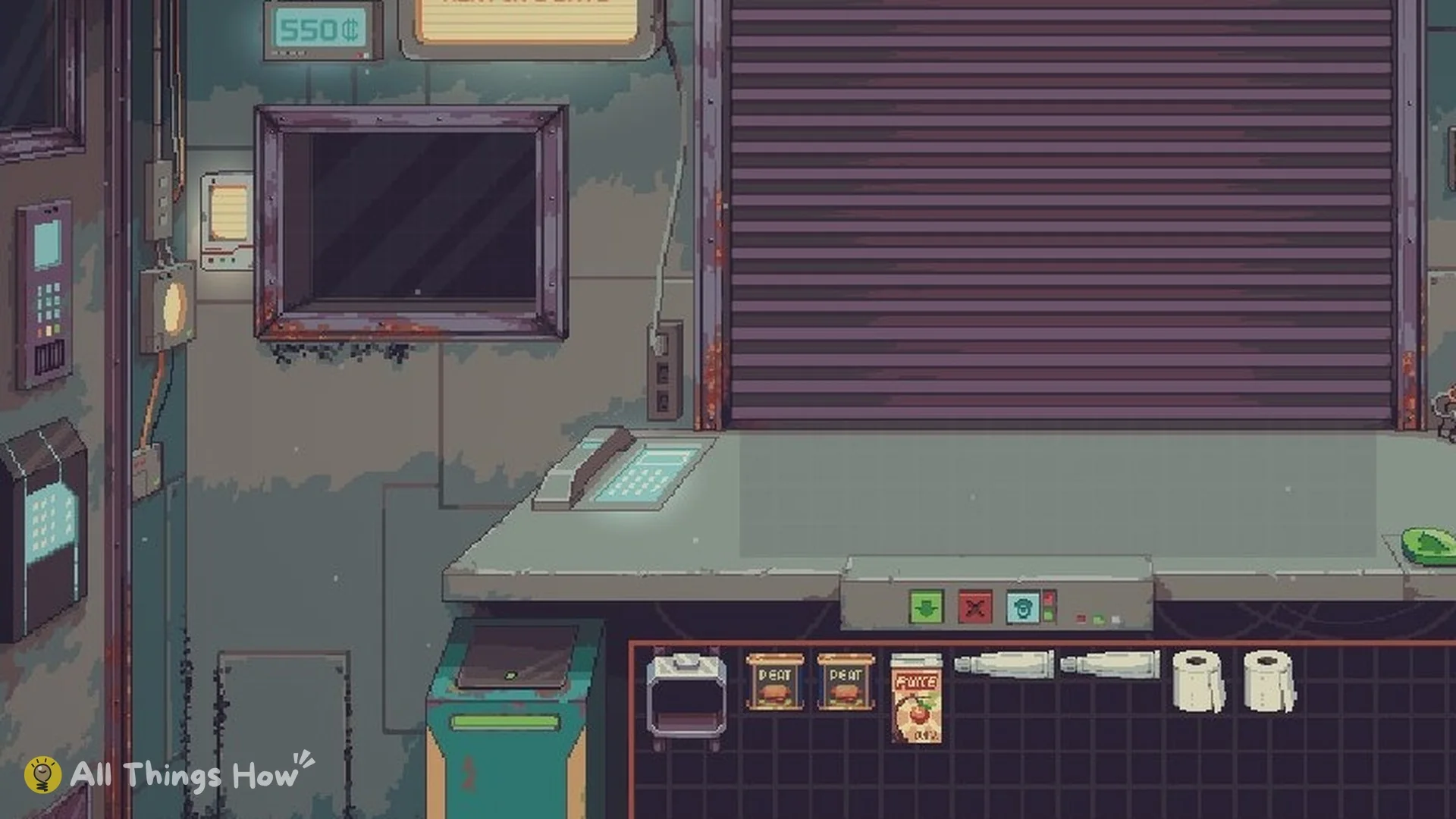 Probably Stolen shop counter with 550 credits on the wall display