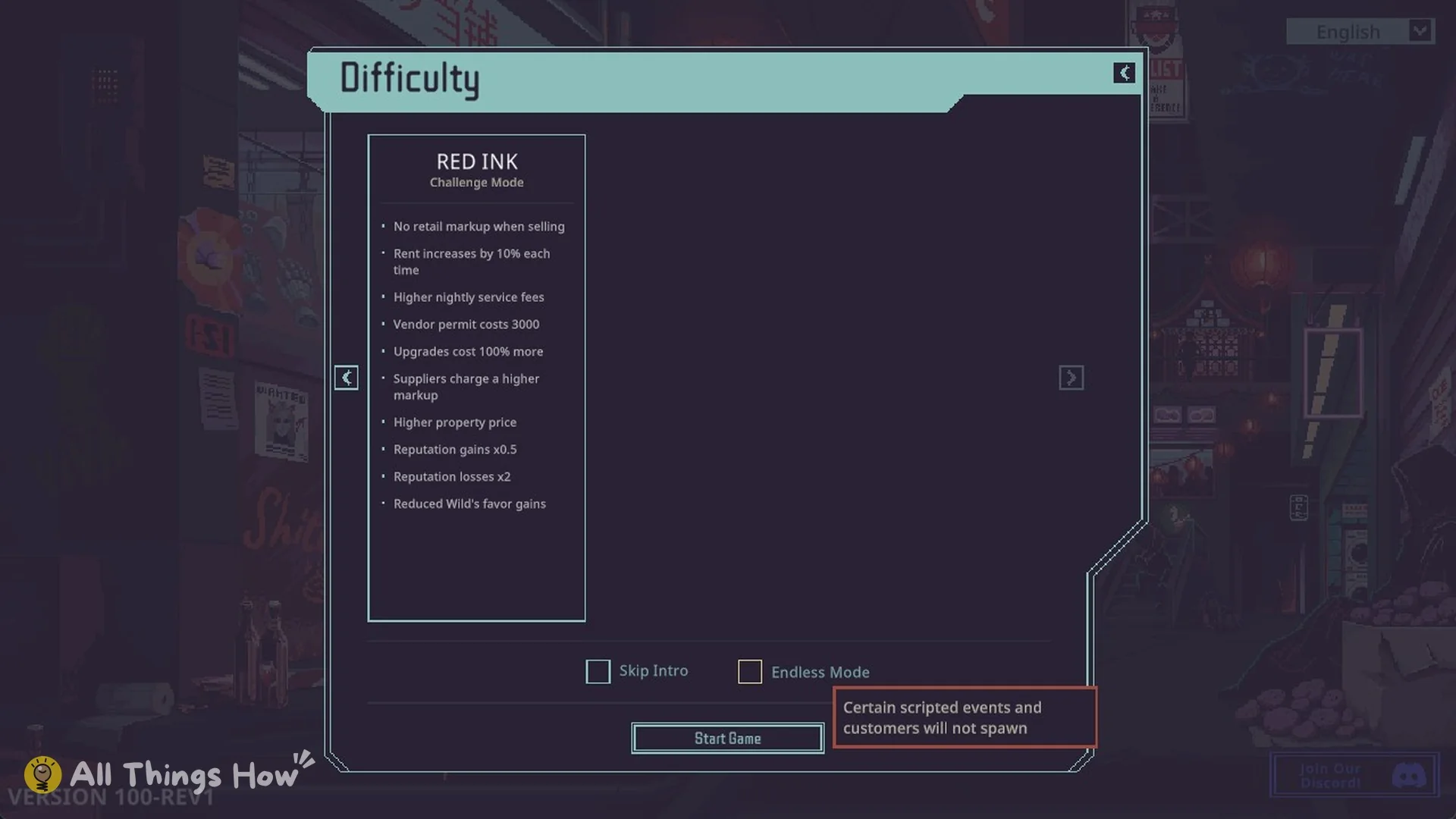 Endless Mode checkbox tooltip reading Certain scripted events and customers will not spawn