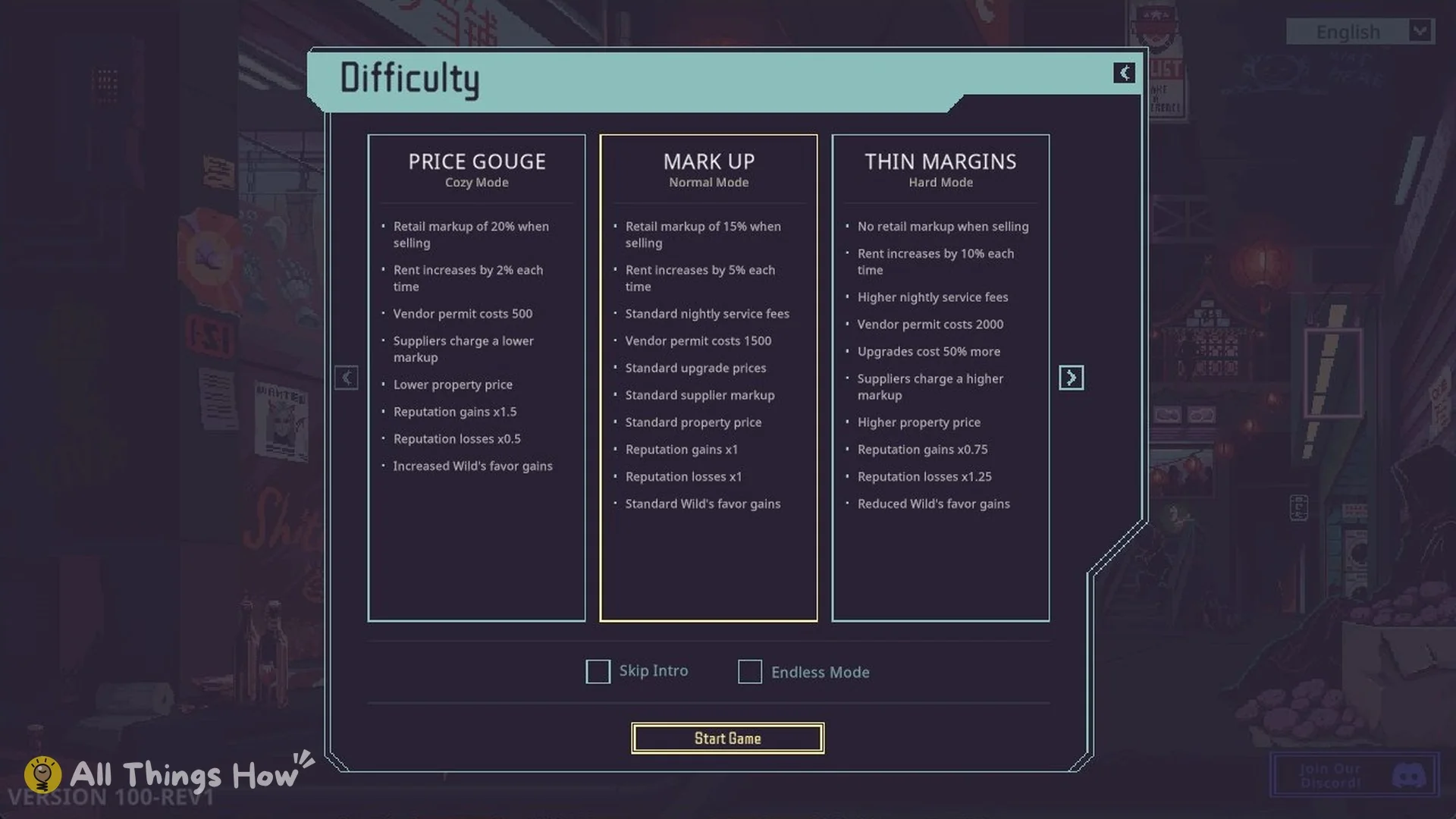 Difficulty screen showing Price Gouge, Mark Up and Thin Margins with their modifiers and the Endless Mode checkbox